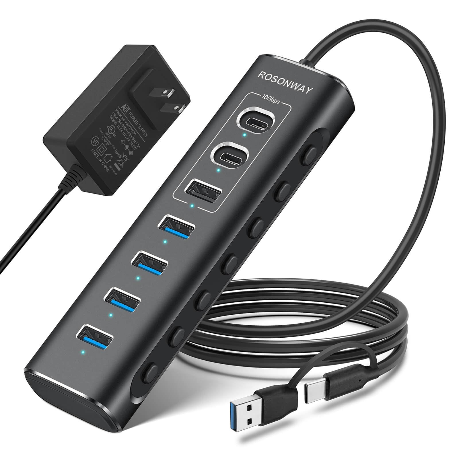 Powered Usb Hub 7port Usb 3.2/usb C Hub With 10gbps Usba 3.2 2 Usbc 3.2 4 Usb 3.