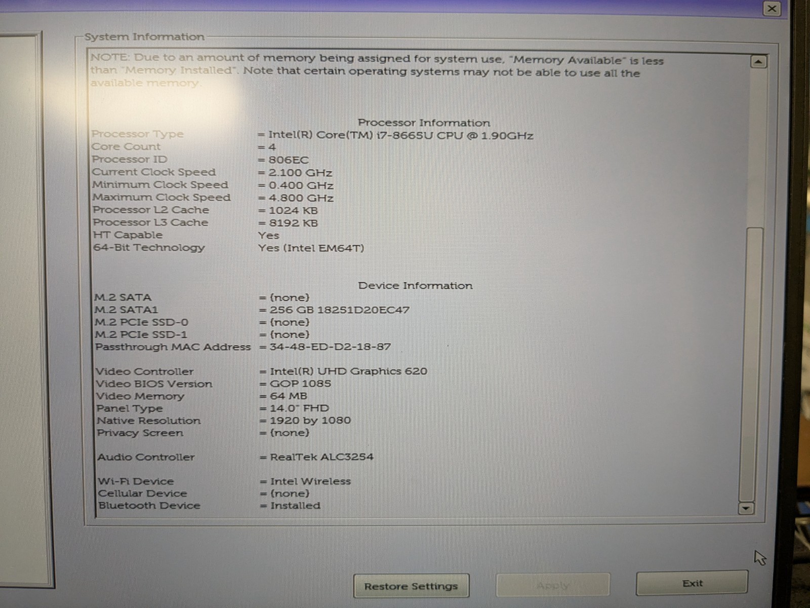 DELL LATITUDE 7400, Intel Core i7-8665U, 1.90 GHz, 16 GB RAM, 256 GB M.2
