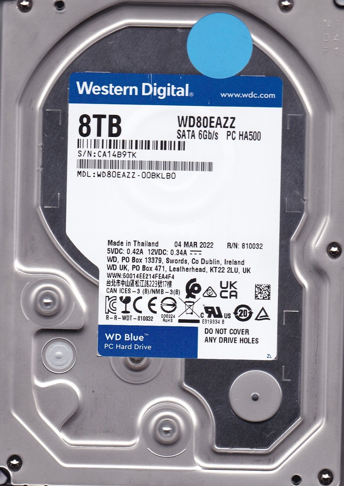 WD80EAZZ-00BKLB0 sn: CA14 MAR / 2022 “A82B03″ Thailand 8TB SATA 3.5” HDD C3-05