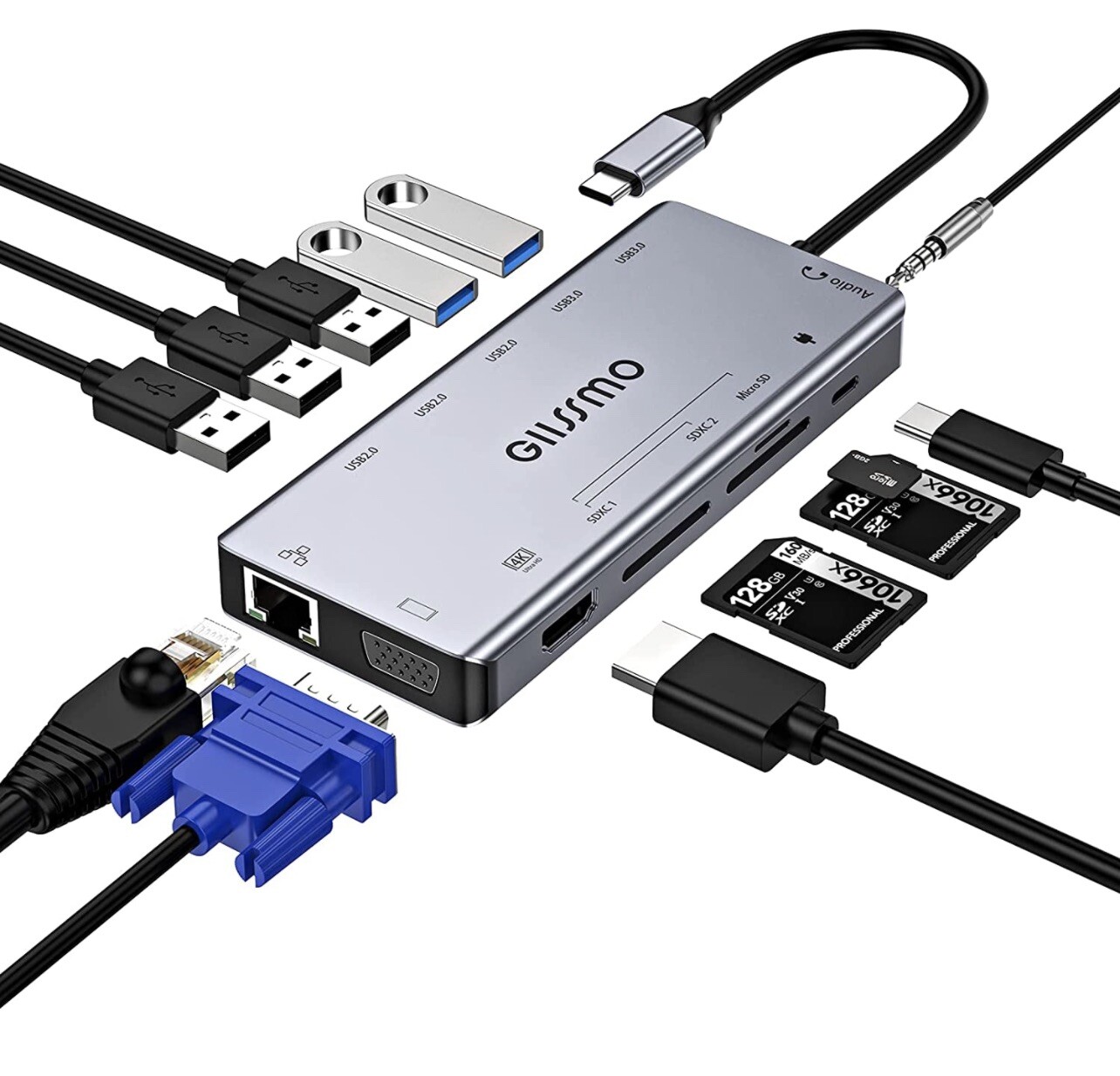 GIISSMO 13-IN-1 USB C Hub 100w PD 4K HDMI 5 USB Ports