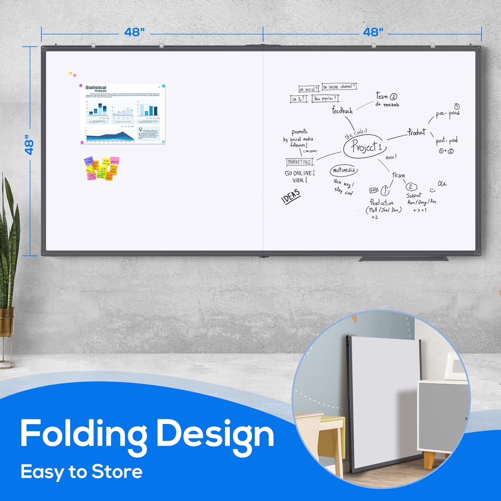 Magnetic Dry Erase Board 96 x 48 inches Foldable Wall Mount Maxtek Whiteboard