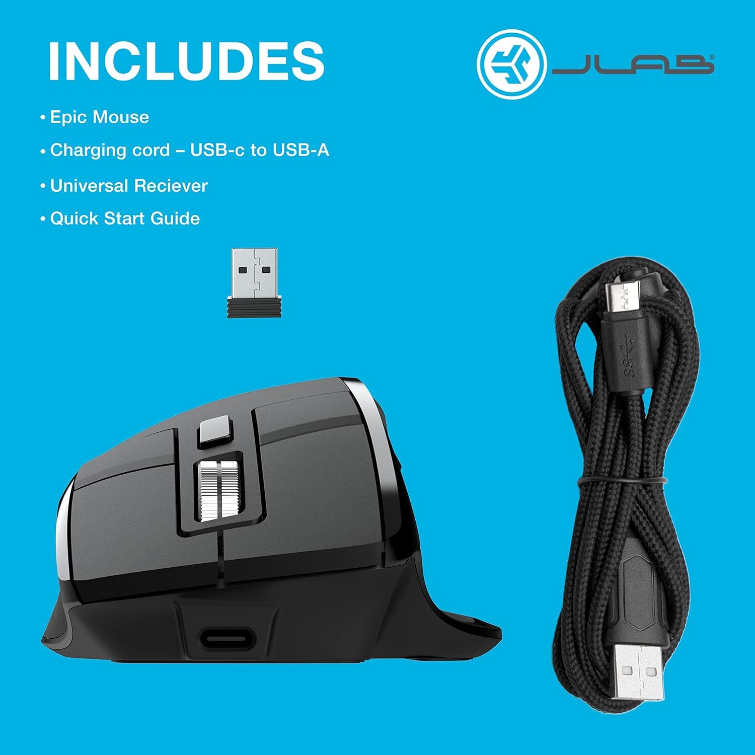 JLab Epic Wireless Mouse For PC, Laptop, Computer, Mice, 2.4G, Bluetooth, Black