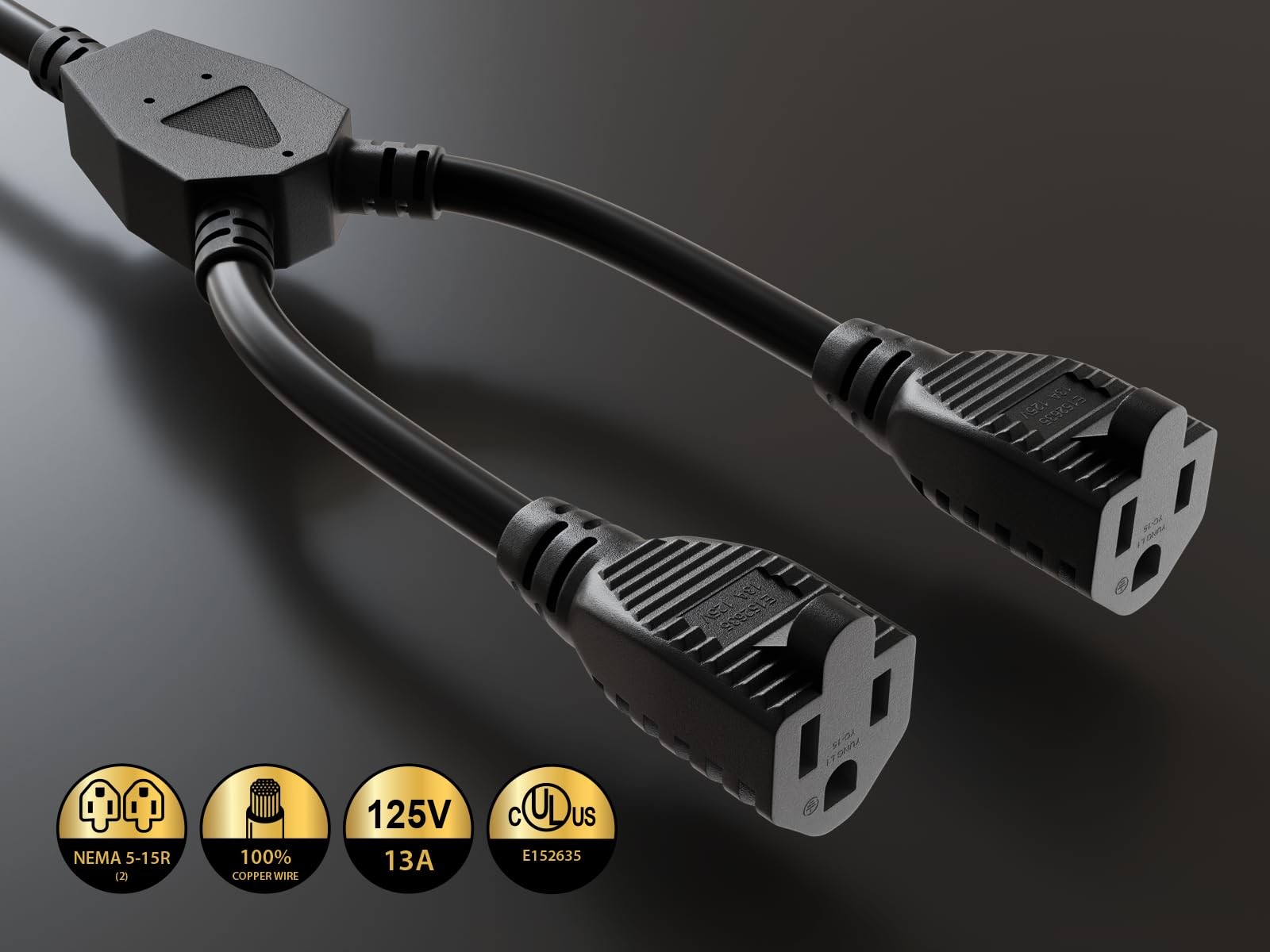 14 inches Ultra Low Profile Power Extension Cord Splitter Cable 16 AWG 2 NEMA…
