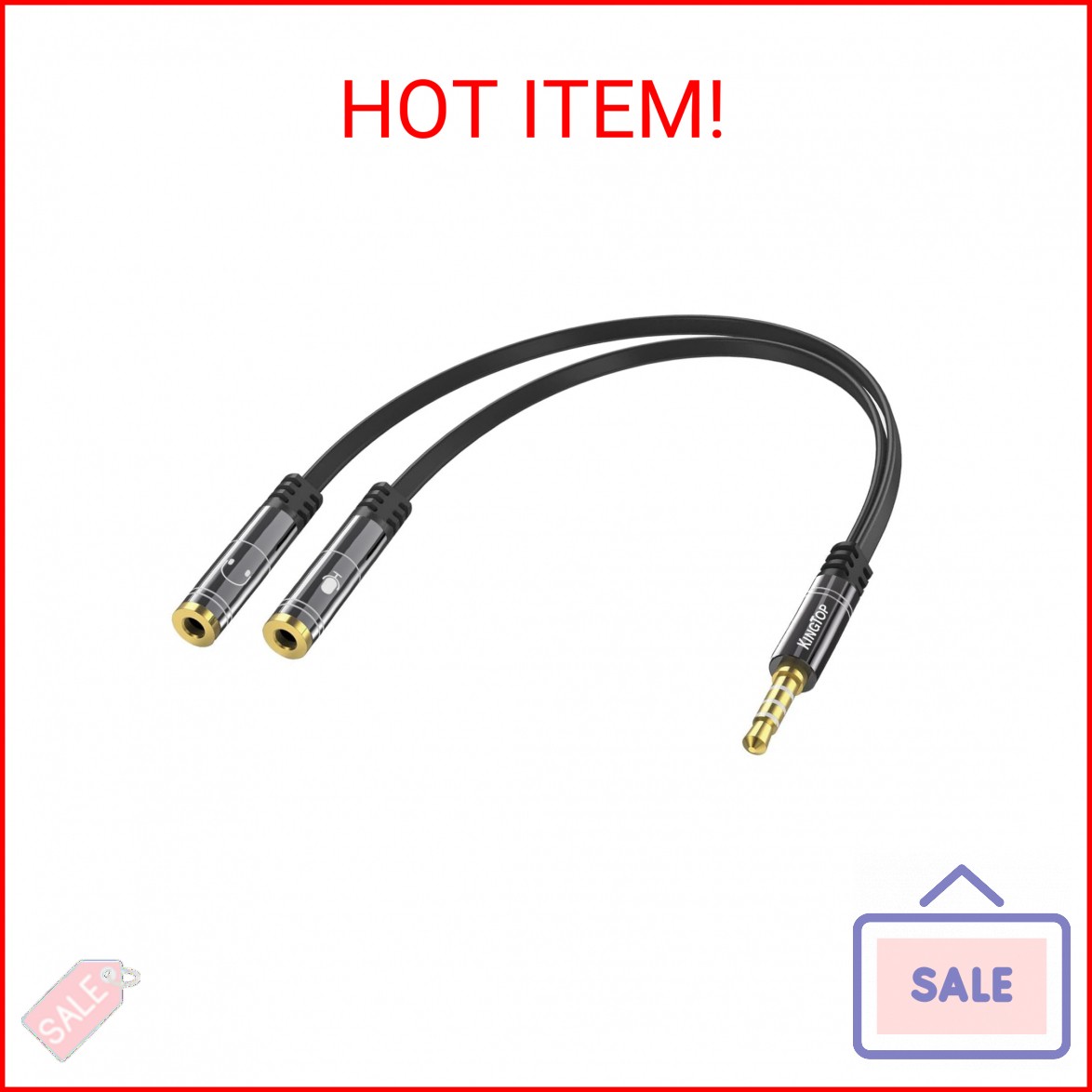 KINGTOP 3.5mm Headphone Mic Splitter Adapter – [1 Male to 2 Female] Headset Spli