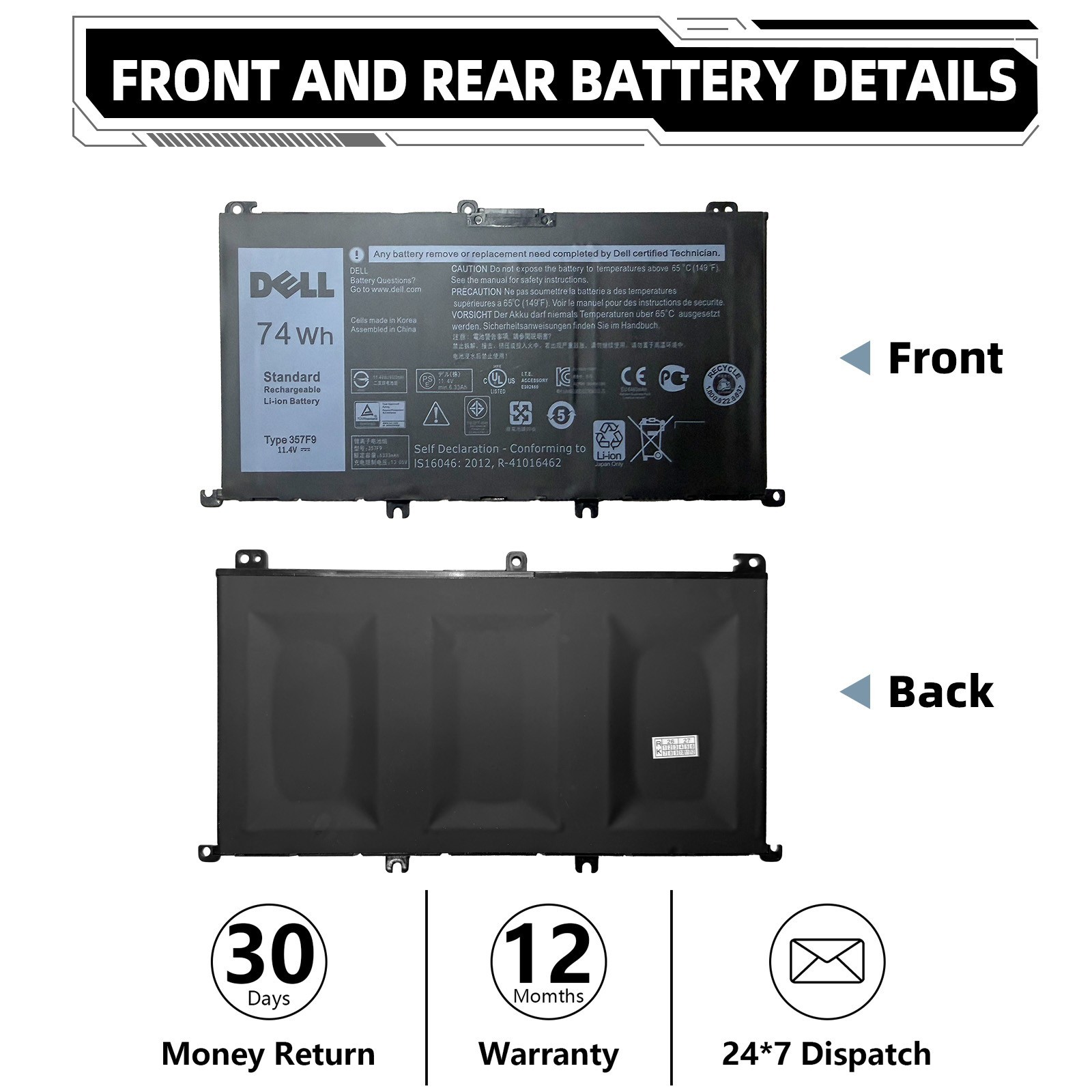 New Genuine 11.4V 74Wh Battery For Dell Inspiron 15 7559 7567 Type 357F9 71JF4