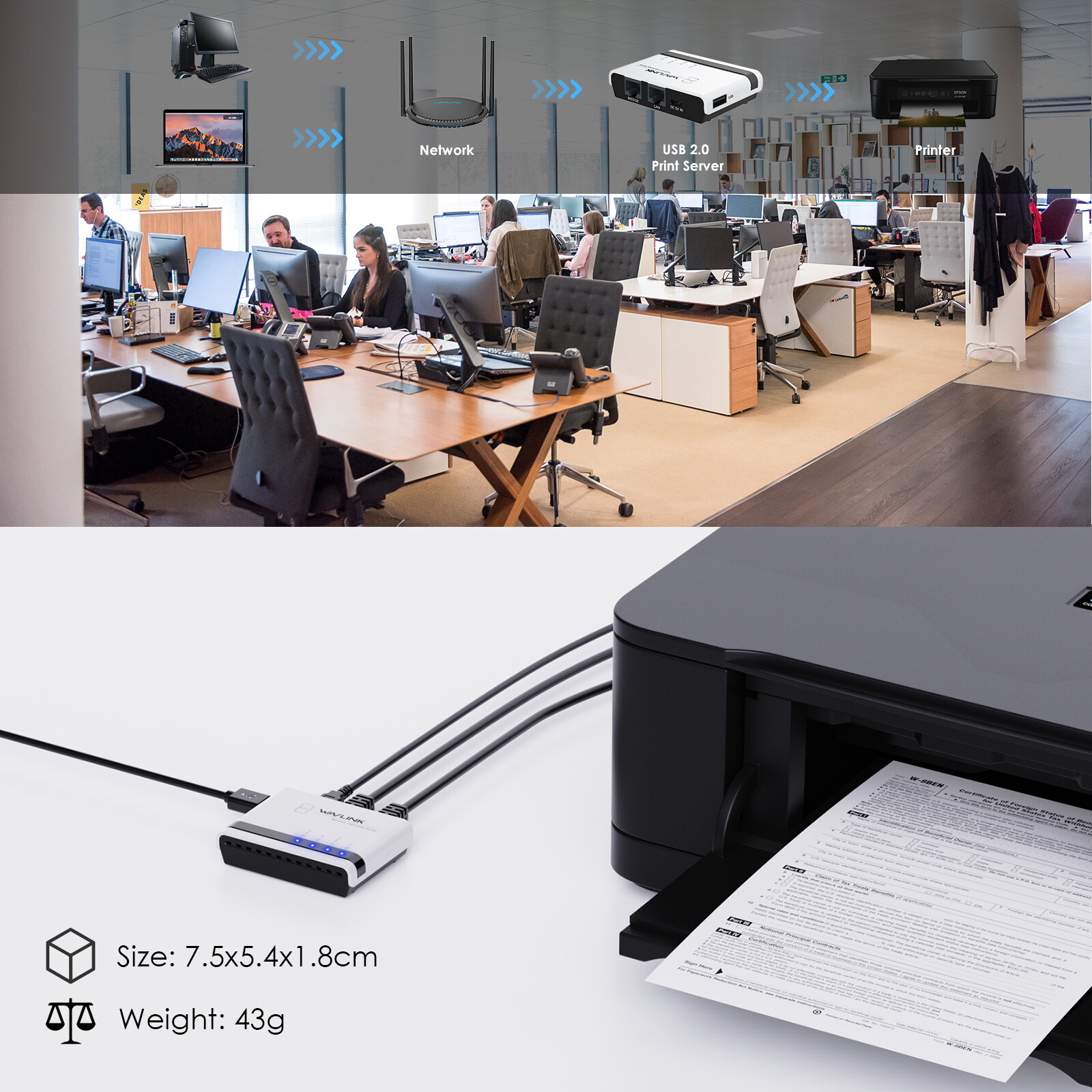 USB Wireless Print Server Standalone WiFi Print Server w/10/100Mbps LAN/Bridge