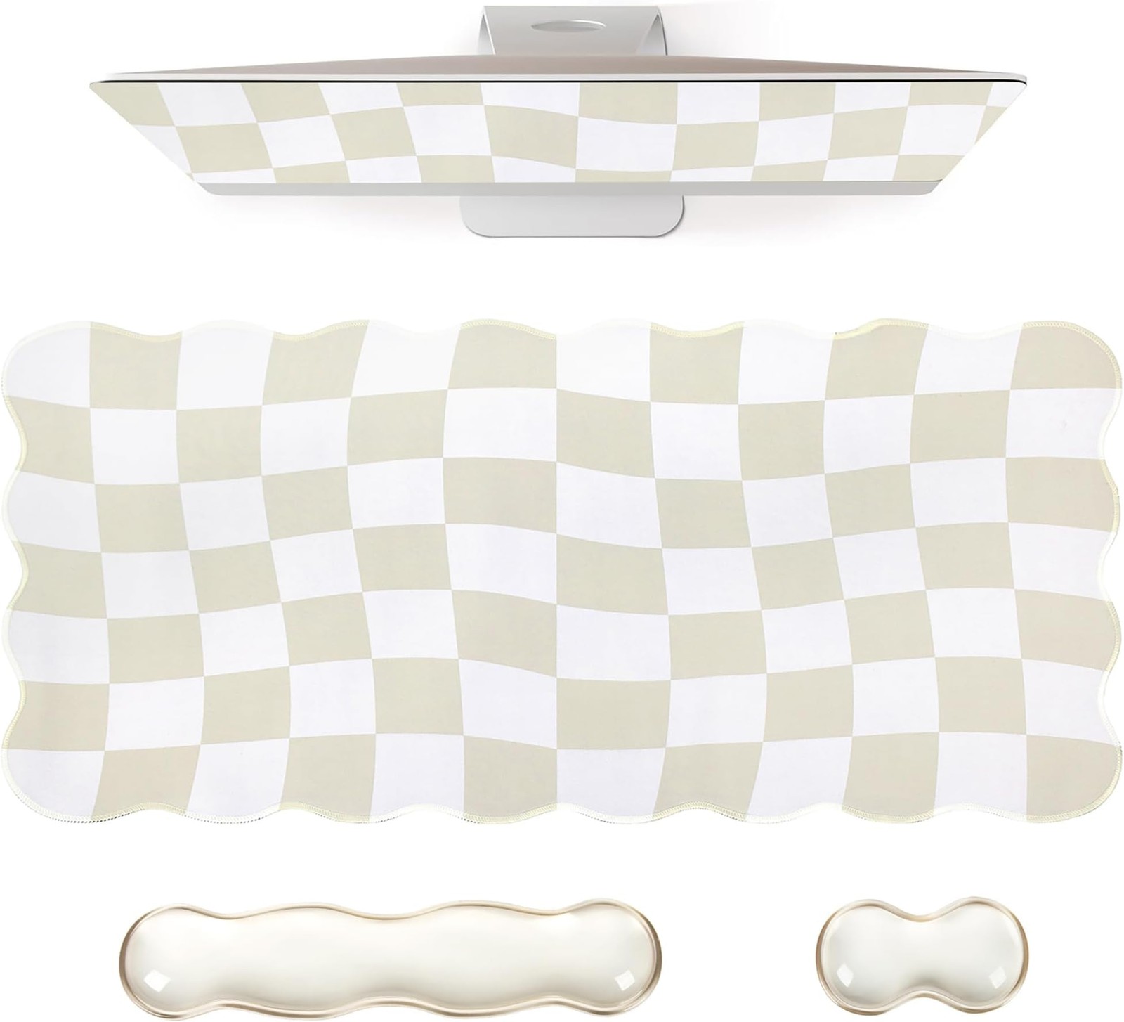 L-SPOUTTO Beige Checkered Mouse Pad Set,Scalloped XXL Desk Mat + Ergonomic Mo…