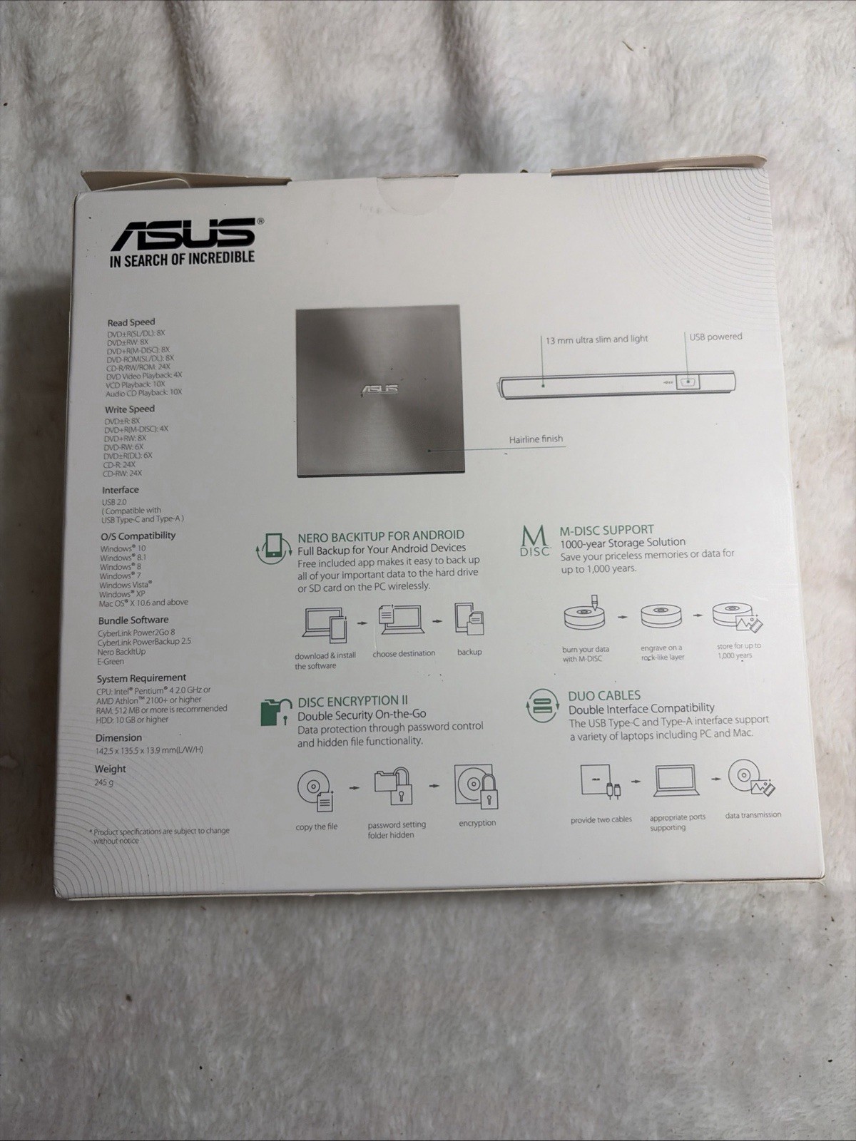 ASUS SDRW 08U9M U External DVD Drive USB Type C Silver for Mac Windows PC