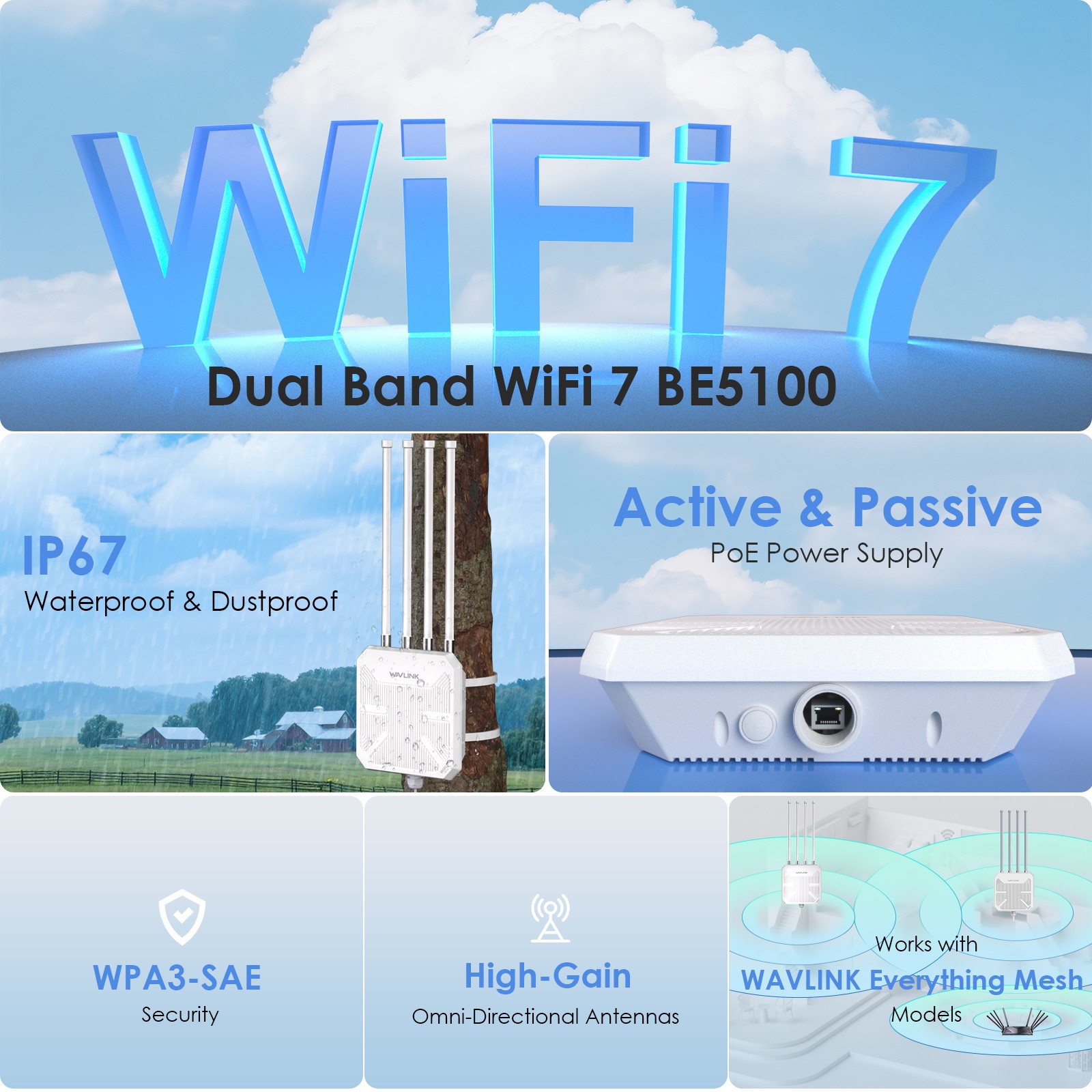WAVLINK WiFi 7 Outdoor Range Extender BE5100 AX3000 WiFi 6 Mesh Router IP67 wPOE