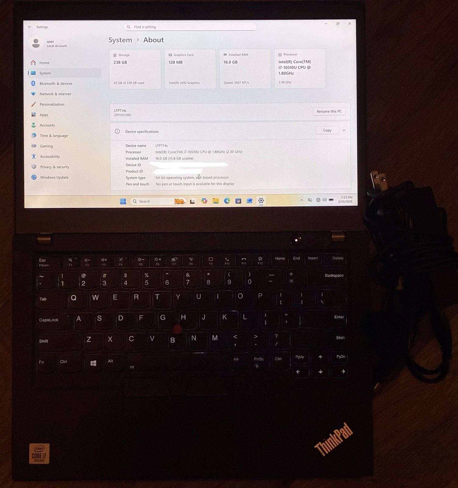 Lenovo ThinkPad T14s Gen 1 14.0″ Intel i7-10510U 16GB RAM Memory 256GB nVME SSD