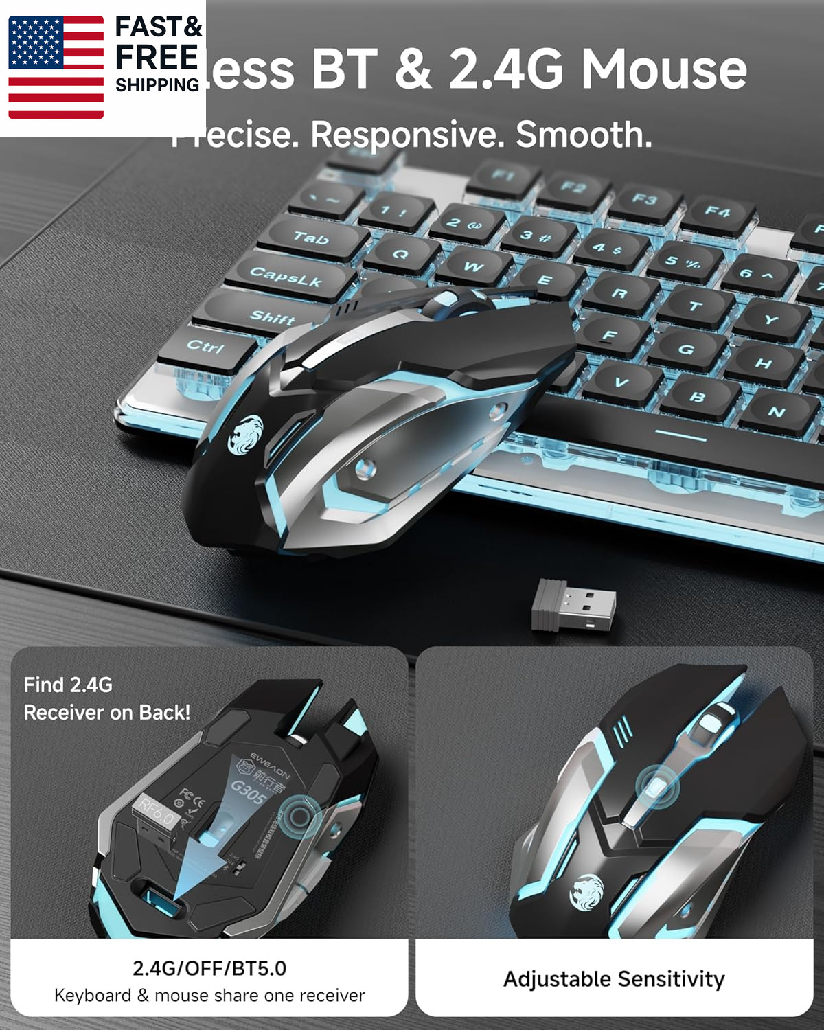 V3 Wireless Keyboard and Mouse with Blue Backlit, Metal Panel, Bluetooth/2.4G