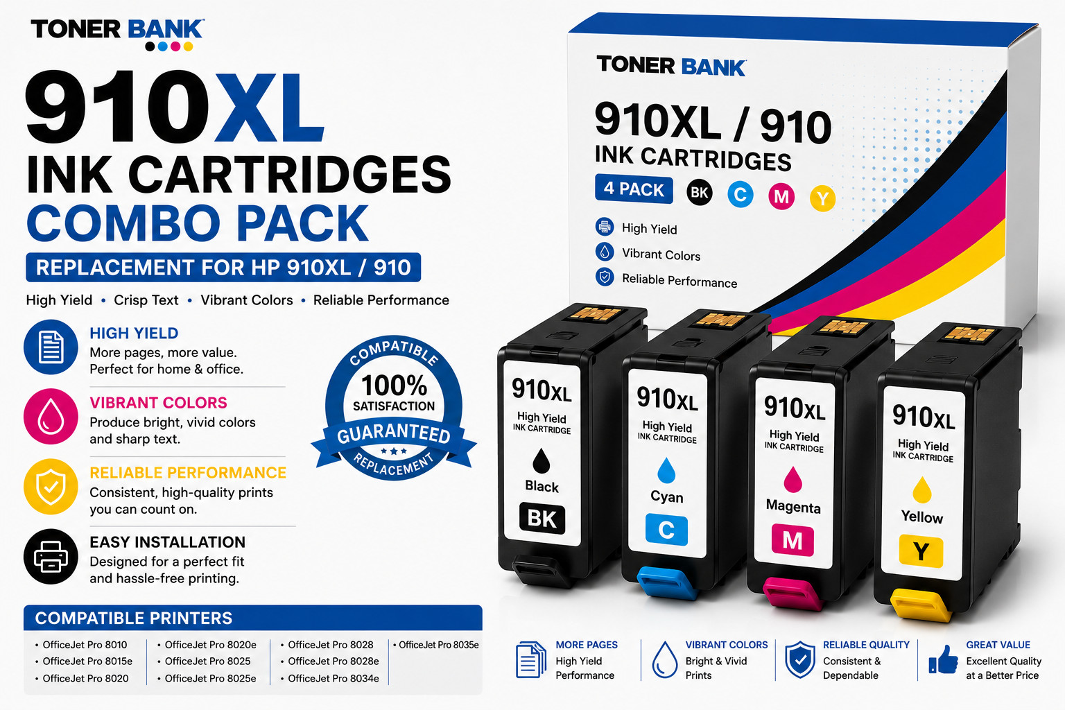 Toner Bank 910XL Ink Cartridges Combo Pack Replacement for HP 910XL 910 OfficeJe