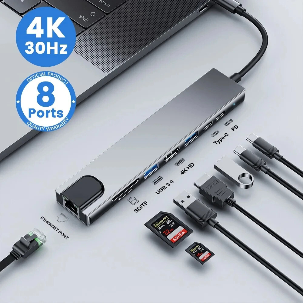 8-in-1 USB-C 4K HDMI Hub/Adapter 100W Laptop Power HDMI/RJ45 Ethernet/PD Charger