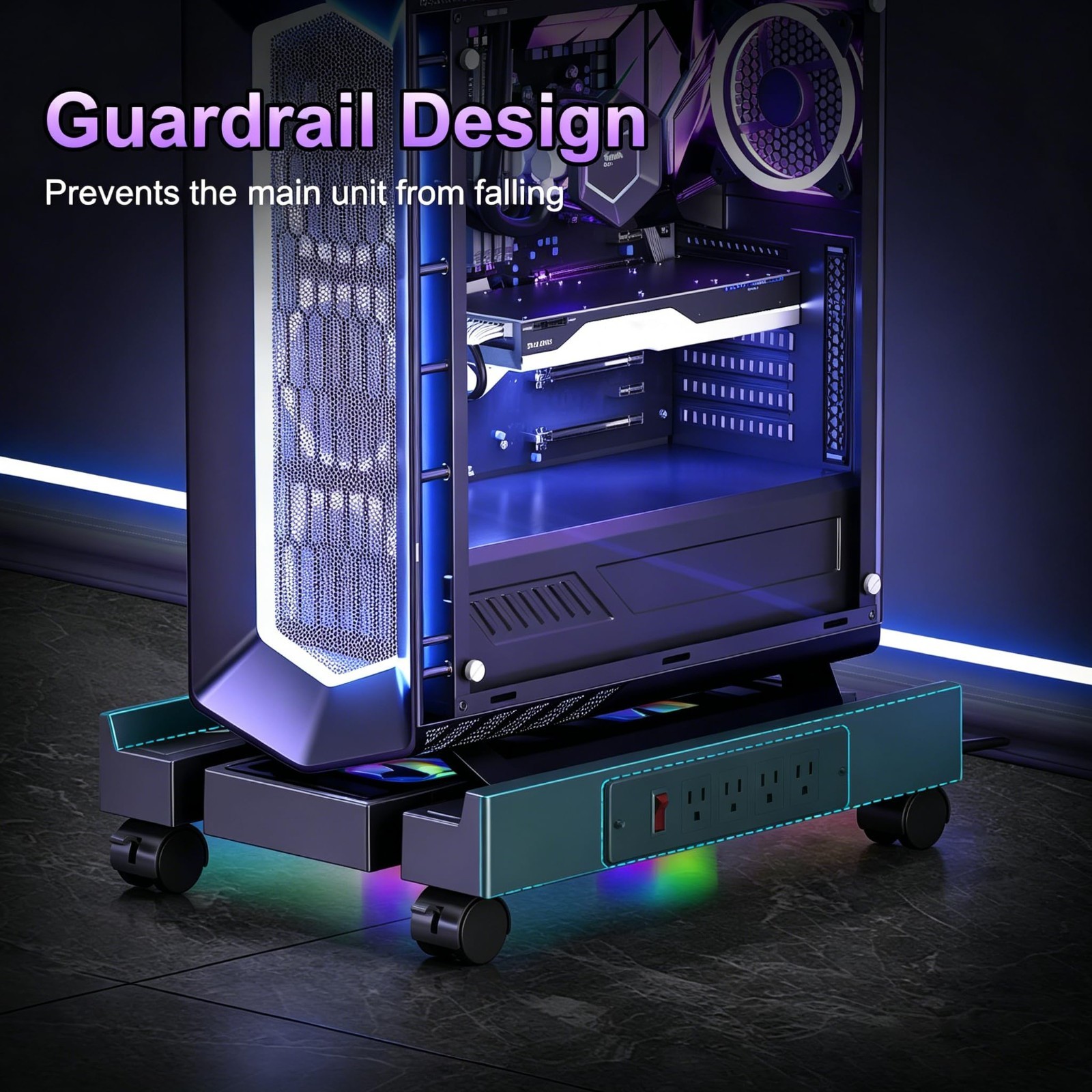 Adjustable Mobile PC Tower Stand with Cooling Fans & RGB Light, 4 Locking Wheels