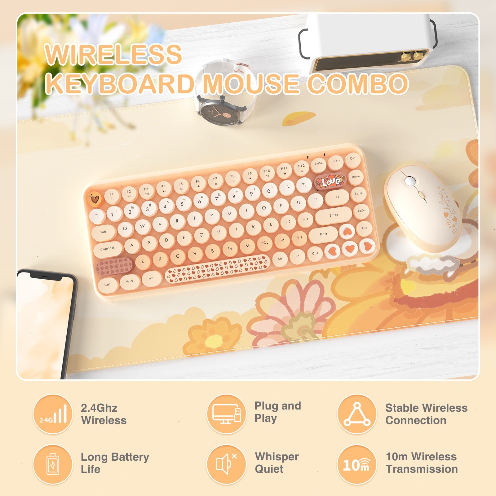 AJAZZ 308i Wireless Keyboard Mouse Set 84Keys Retro Round Silent Membrane For PC