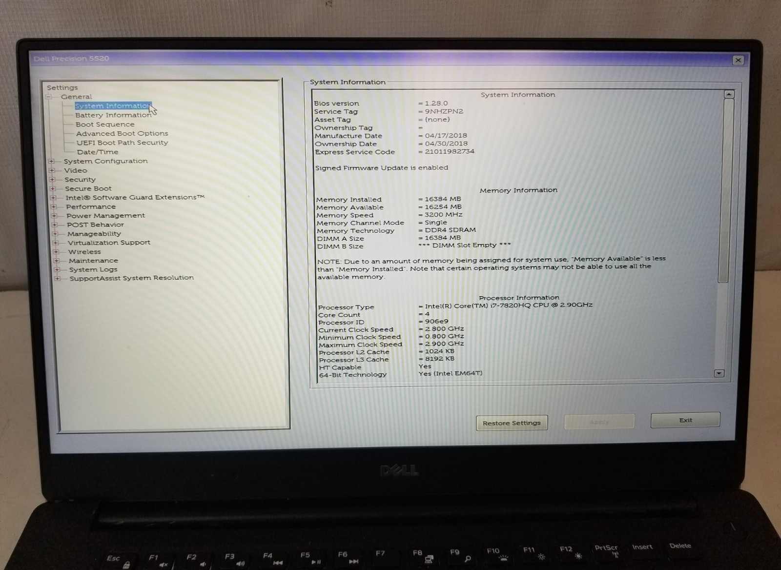 Dell Precision 5520 15.6″ i7-7820HQ 16GB RAM No SSD No OS/ Batt