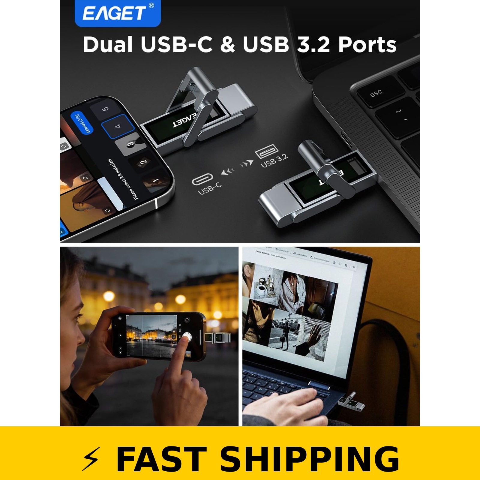 EAGET 512GB USB Flash Drive, USB-C & USB 3.2, 560MB/s, Metal Body