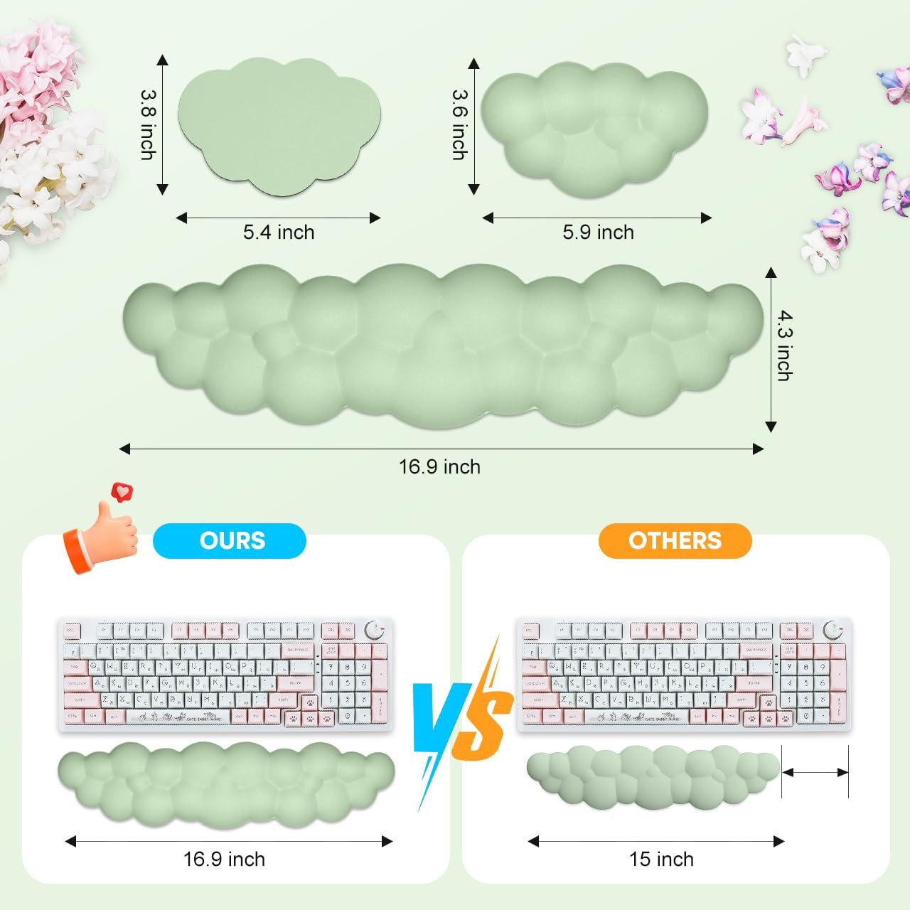 JIKIOU Upgrade Leather Cloud Keyboard Wrist 16.9×4.3×0.82 in, 06pastel Green