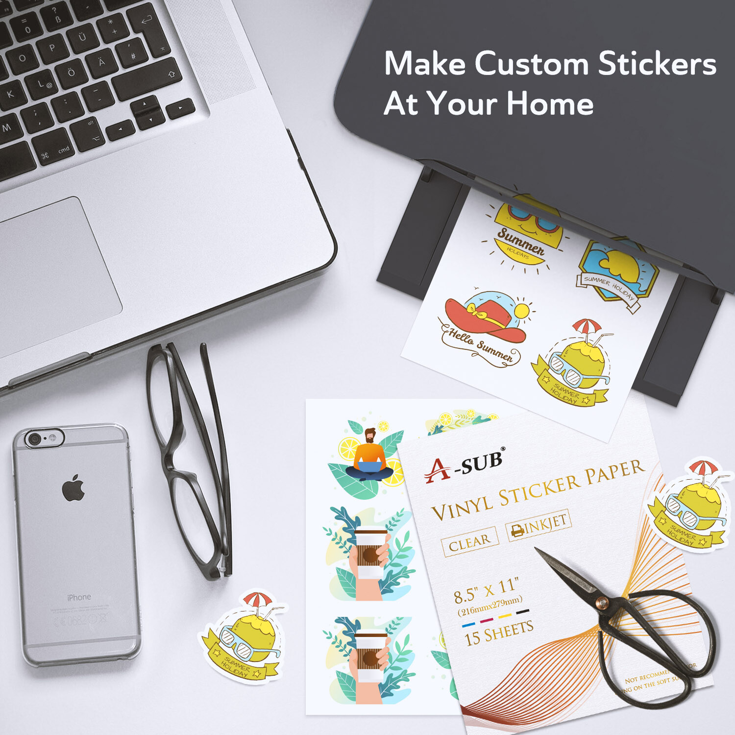 A-SUB Clear Sticker Paper Waterproof for Inkjet 8.5×11 300 Sheets