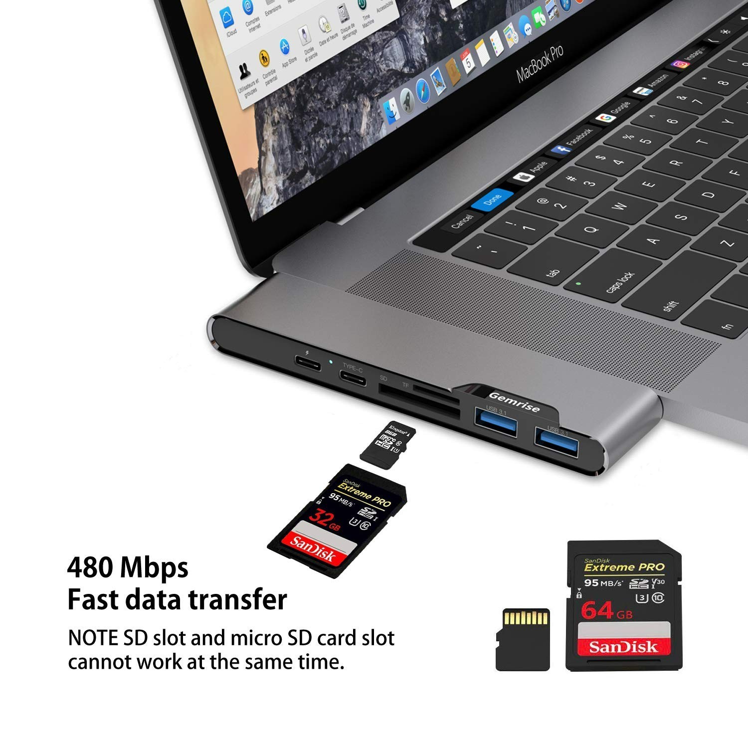 Gemrise USB-C Hub for Macbook, 7In-2 Adapter Compatible with Thunderbolt 3 USB-C