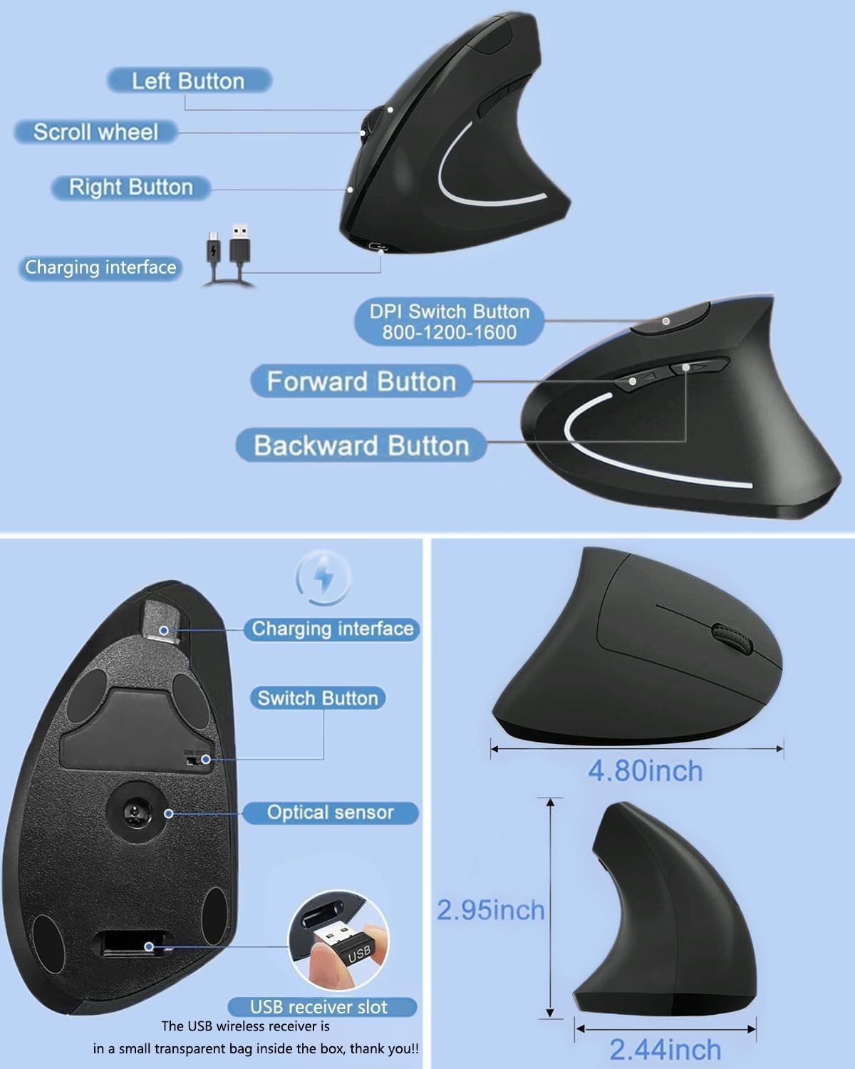 Rechargeable Ergonomic Wireless Mouse Silent Right Hand 800/1200/1600 DPI Blk