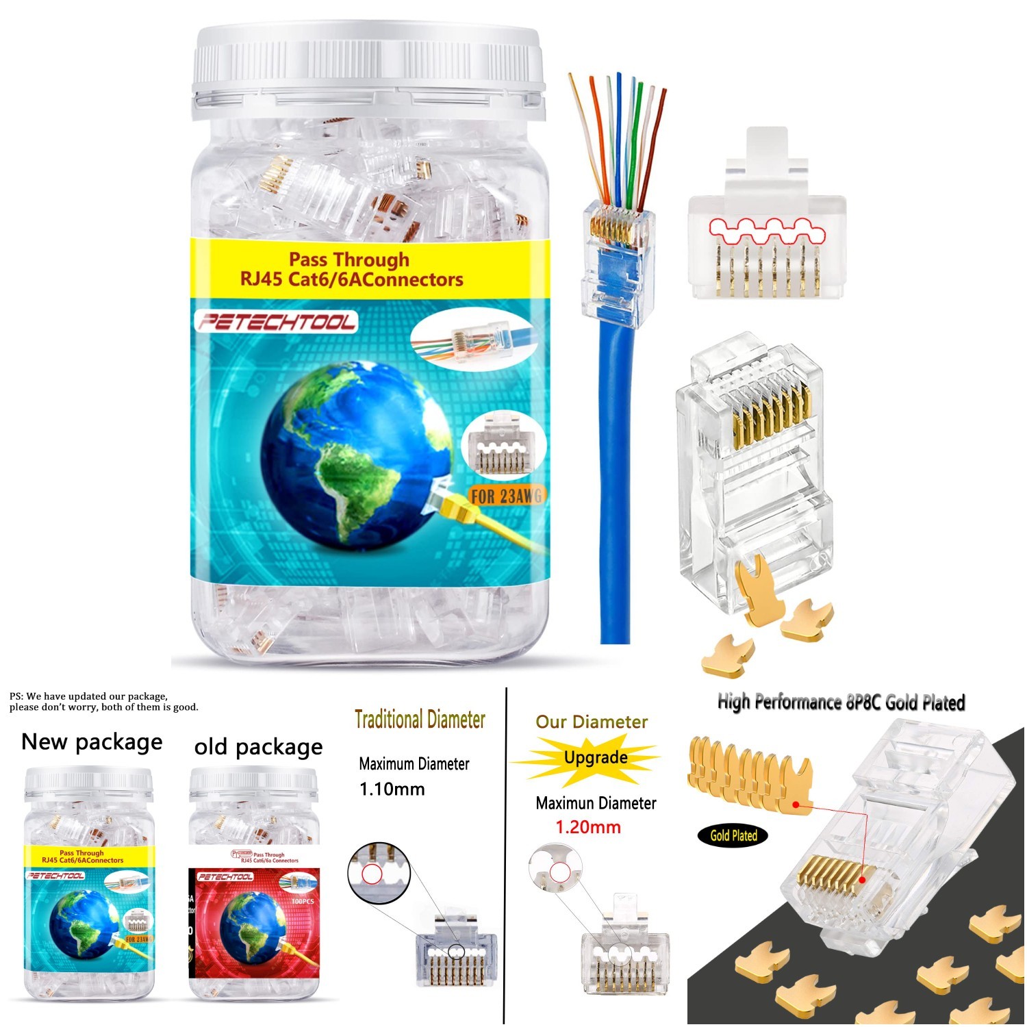 100 Pack Gold Plated RJ45 Cat6a Connector 23AWG UTP Ethernet Plug Transparent