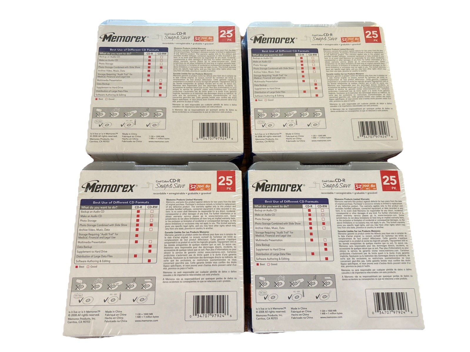 CD-R MEMOREX 25 Cool Colors 52x, 700MB, 80min, Lot Of Four 25PK New Sealed