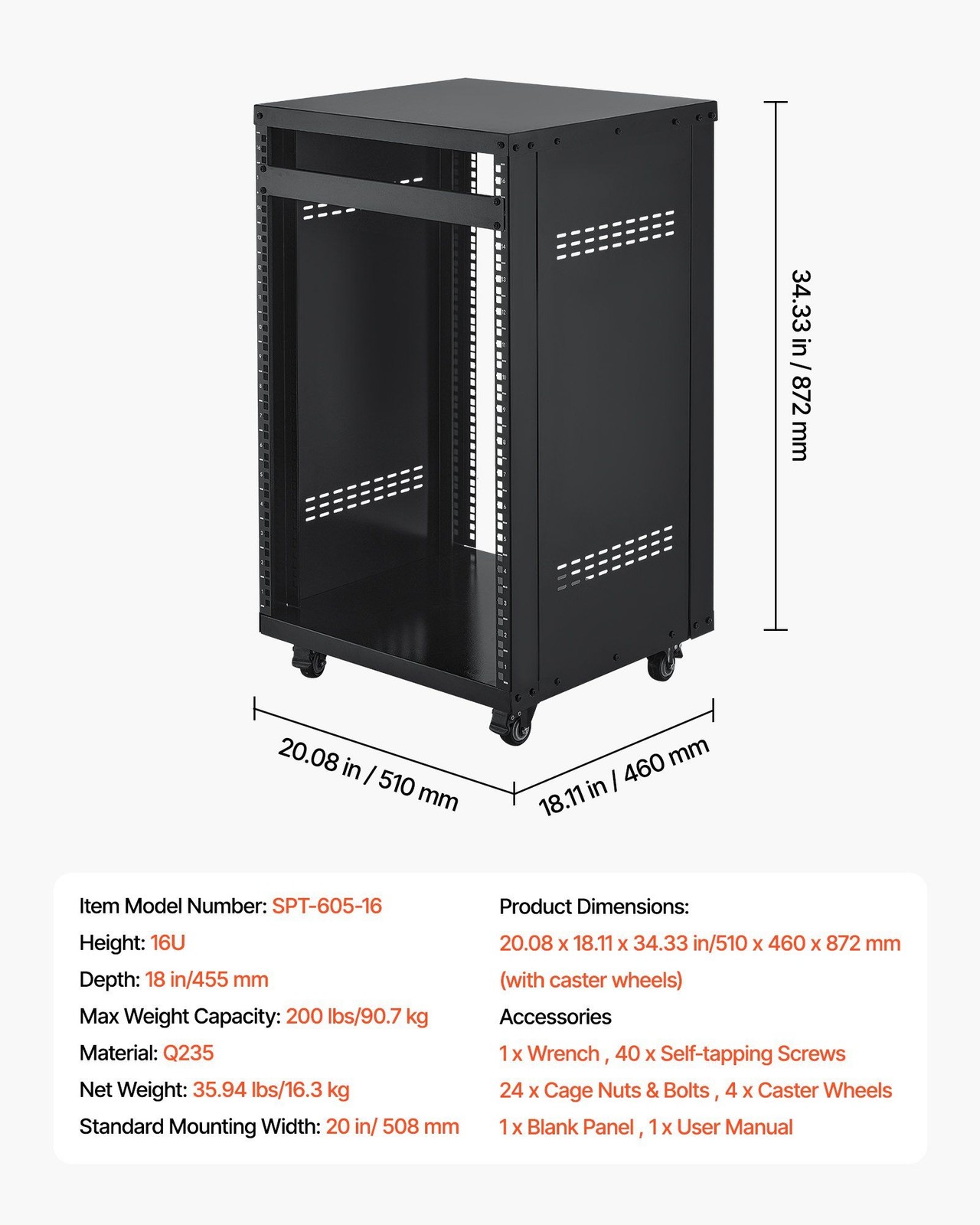 16U 200lb Open Frame AV Rack with Lockable Casters & 19-Inch Ventilation