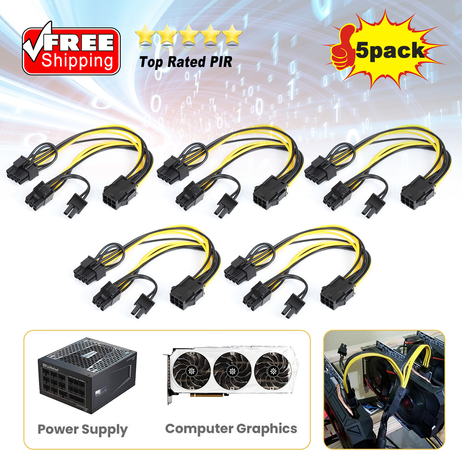 5 Pcs PCIE 6 pin Female to Dual PCI-E 8 pin (6+2) Male GPU Power Cable Splitter