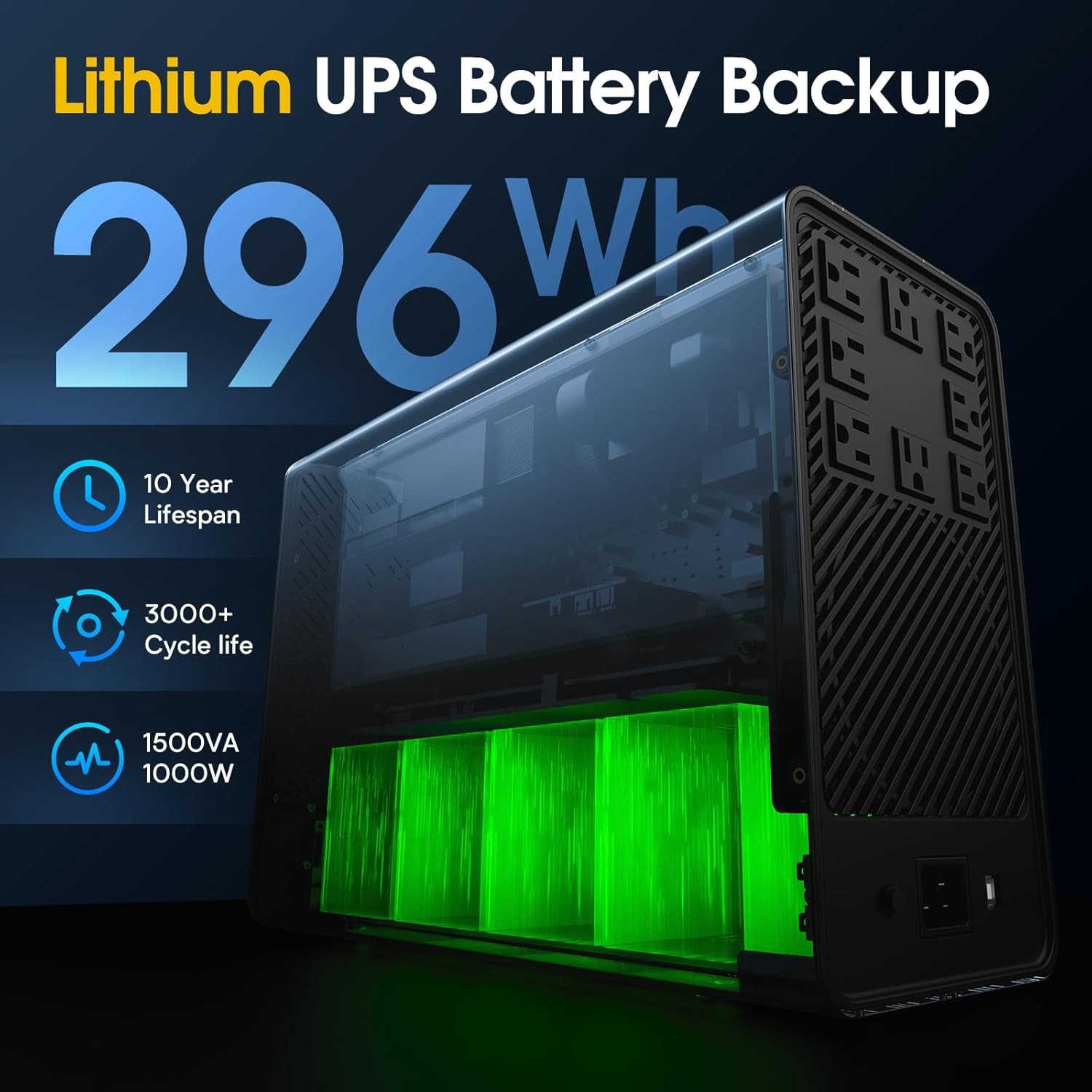 Goldenmate 1500VA 1000W Pure Sine Wave UPS Backup Power Supply LiFePO4 Battery