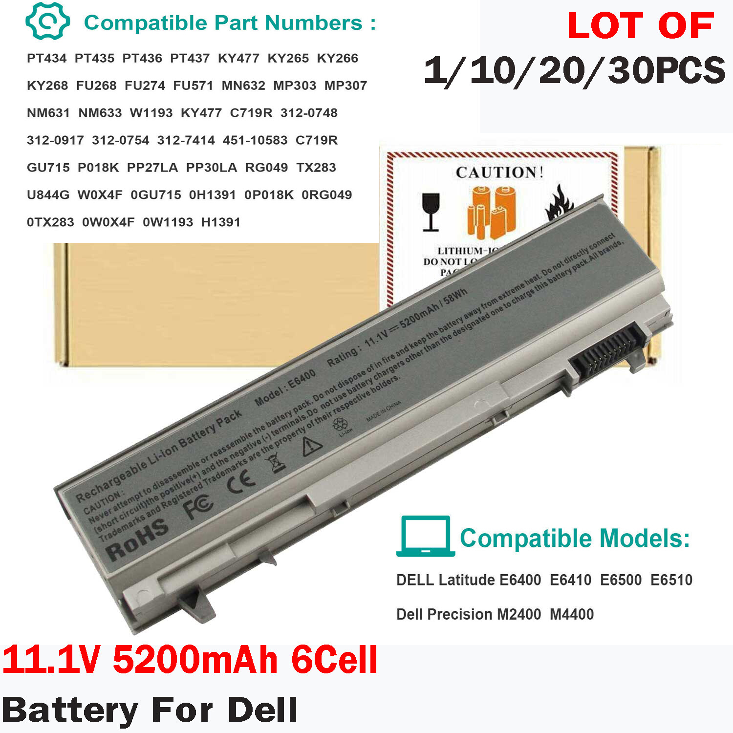 LOT 30*Battery For Dell Latitude E6400 E6410 E6500 E6510 PT43 PT434 KY477 M2400