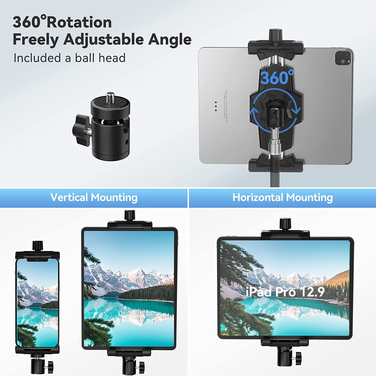 360 Rotatable Tablet Clamp Mount Fits Adapter Ball Head Surface Pro Selfie NEW