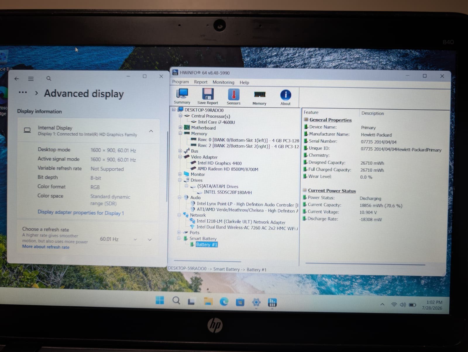 HP EliteBook 840 G1 | i7 4th Gen 8GB RAM 180GB SSD | HD+ AMD Radeon HD | Win 11