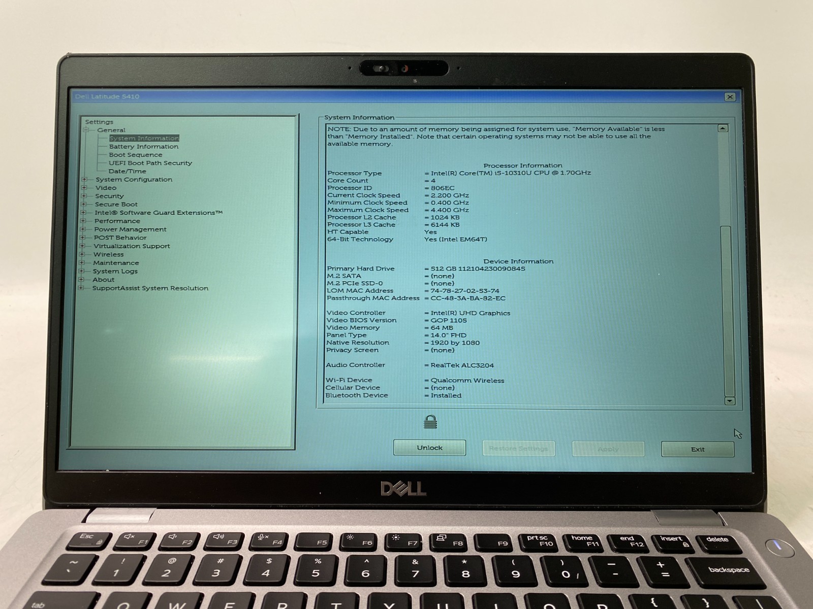 Dell Latitude 5410 14″ Touch i5-10310U 16GB DDR4 512GB SSD Win11H w/AC BIOS PW