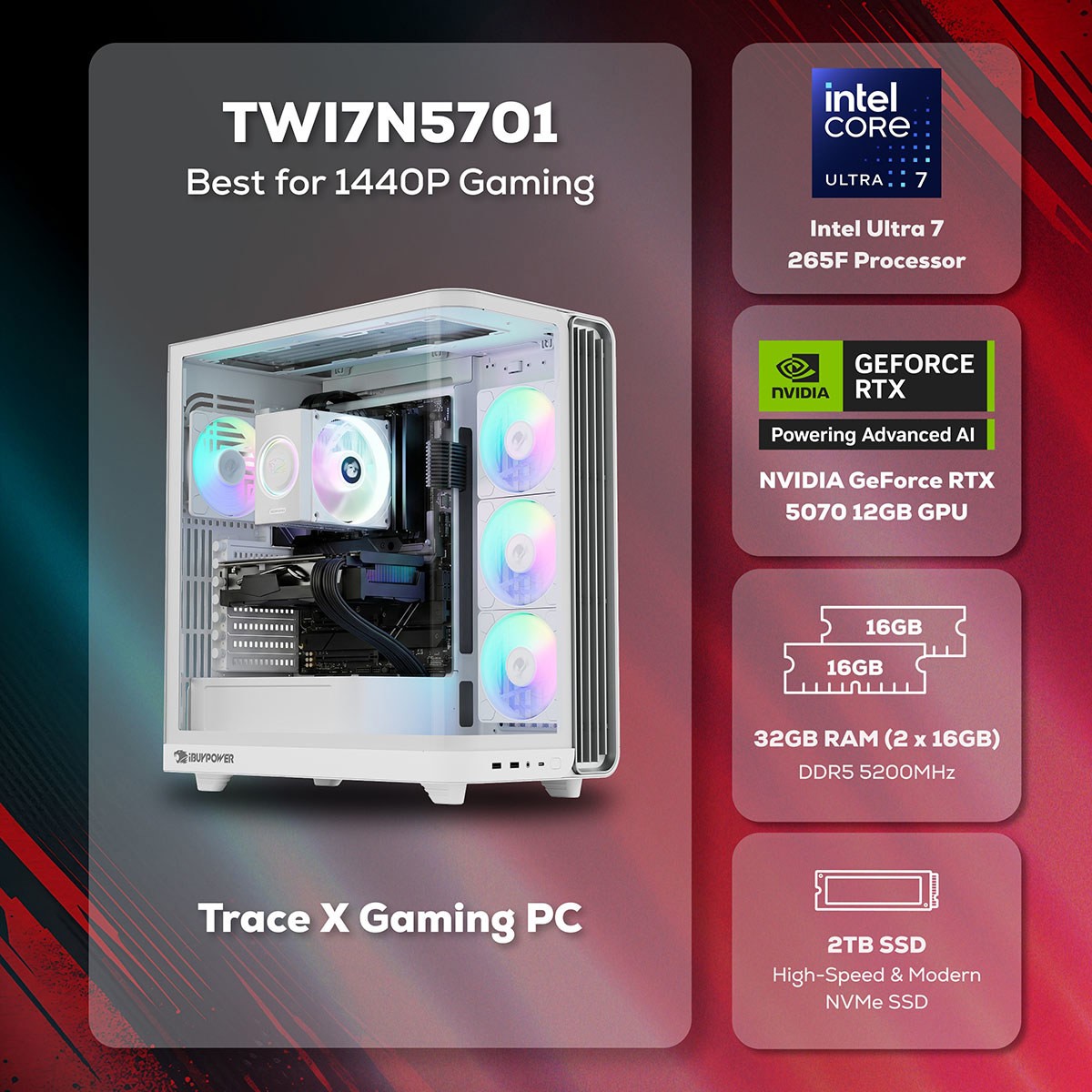 iBUYPOWER Trace TWI7N5701 Gaming Desktop Computer, Intel Core Ultra 7 265F 2.4GH