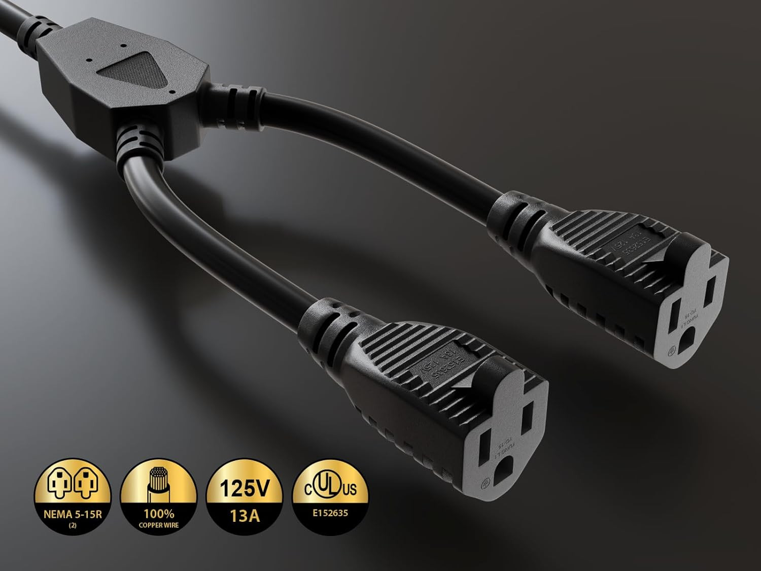 14 inches Ultra Low Profile Power Extension Cord Splitter Cable 16 AWG, Black