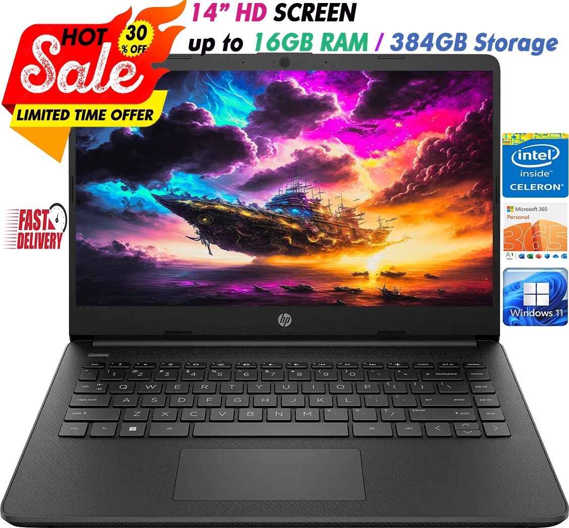 HP 2024 Newest Laptop 14″HD Intel 4-Core Up to 16GB RAM & 384GB Storage Black
