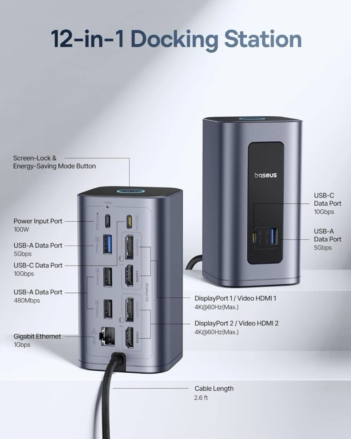 Baseus Docking Station Dual Monitor for Windows Only (12 in 1)