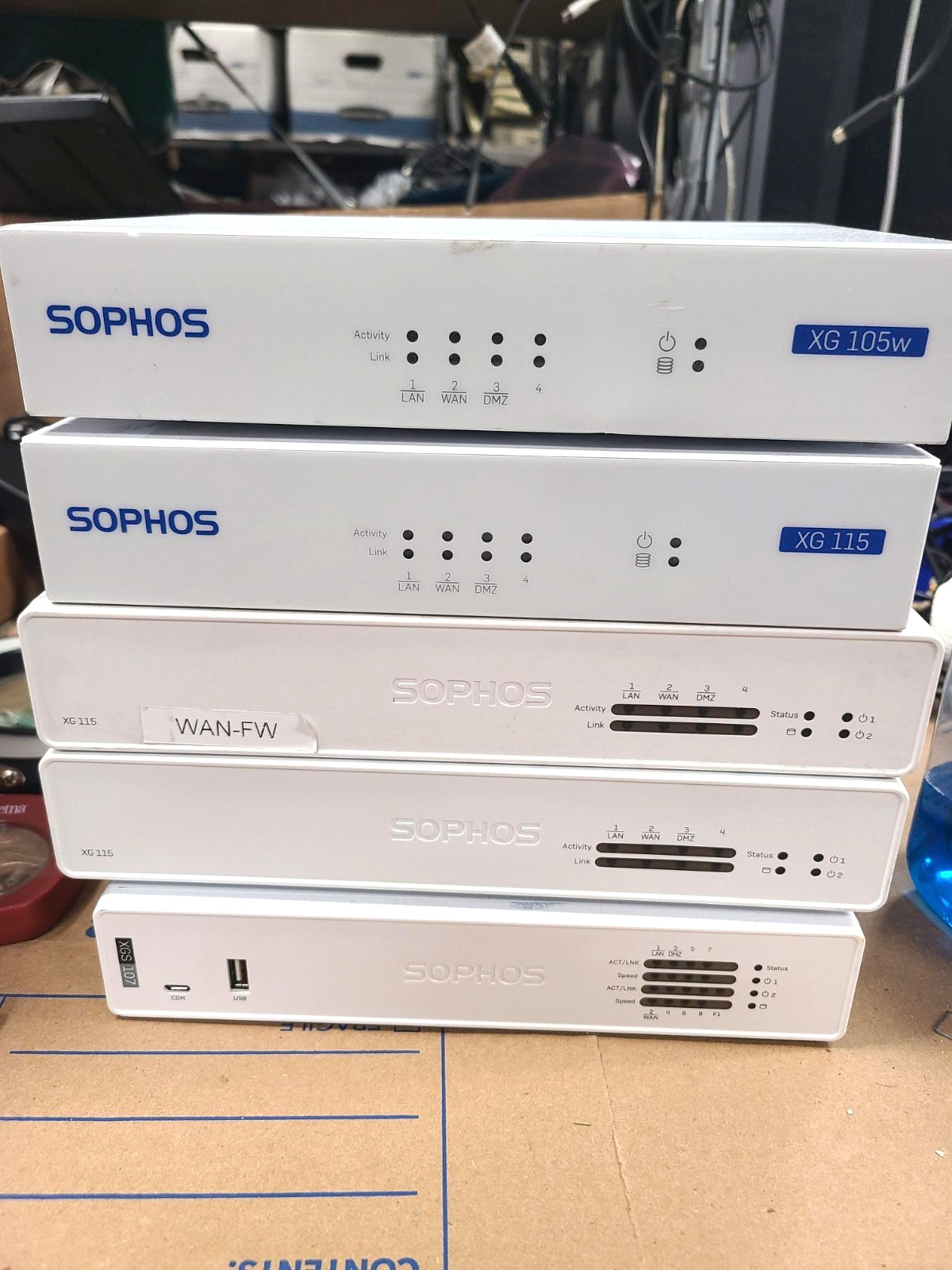 Lot of 5 Sophos, 3X XG 115, 1X XGS 107, 1X XG105 Firewall Security Appliance