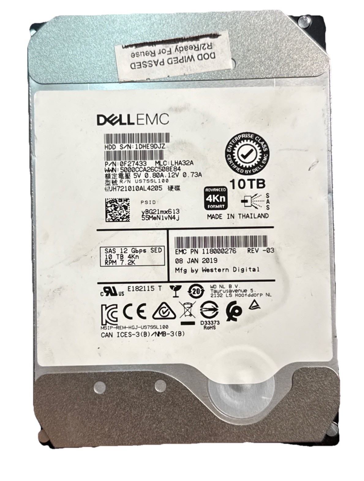 DELL EMC 10TB SAS 12GBps SED 4KN 0f27433 118000276 HUH721010AL4205 Server Hard D