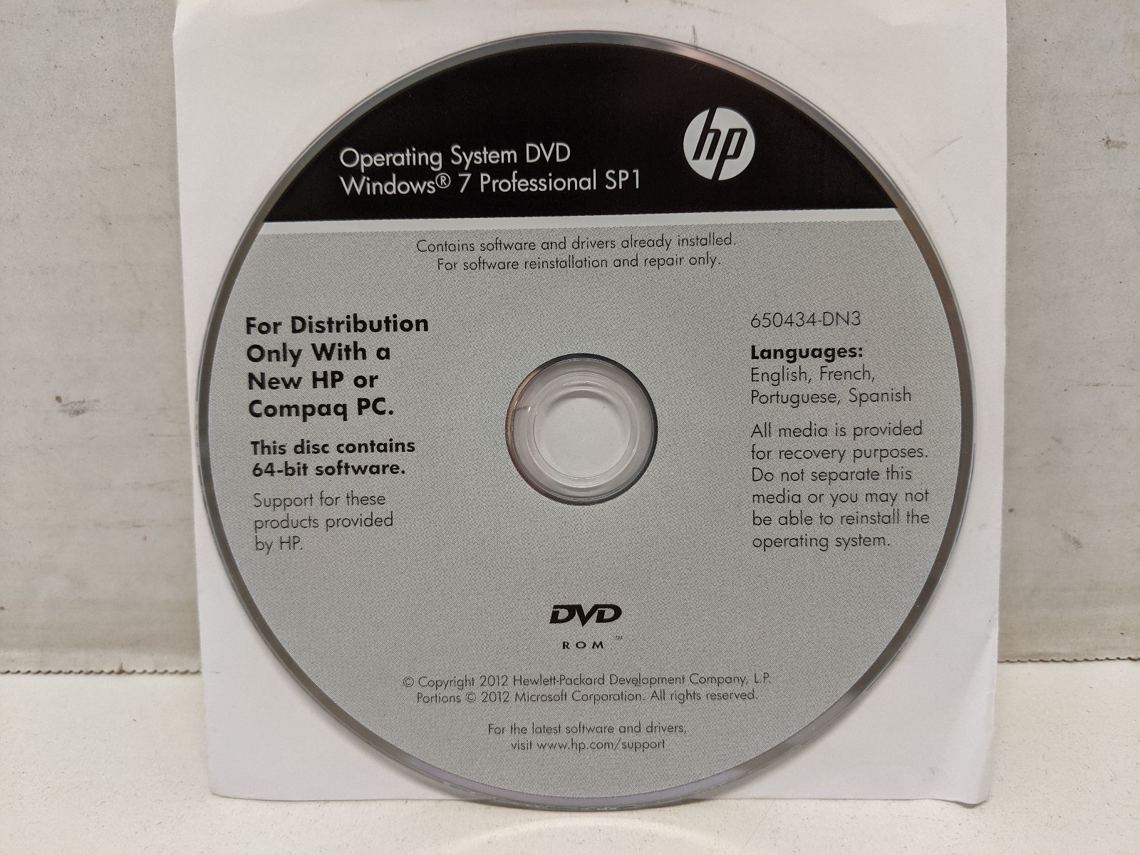 HP Operating System DVD Windows 7 Professional Sp1 64-bit 650434-DN3