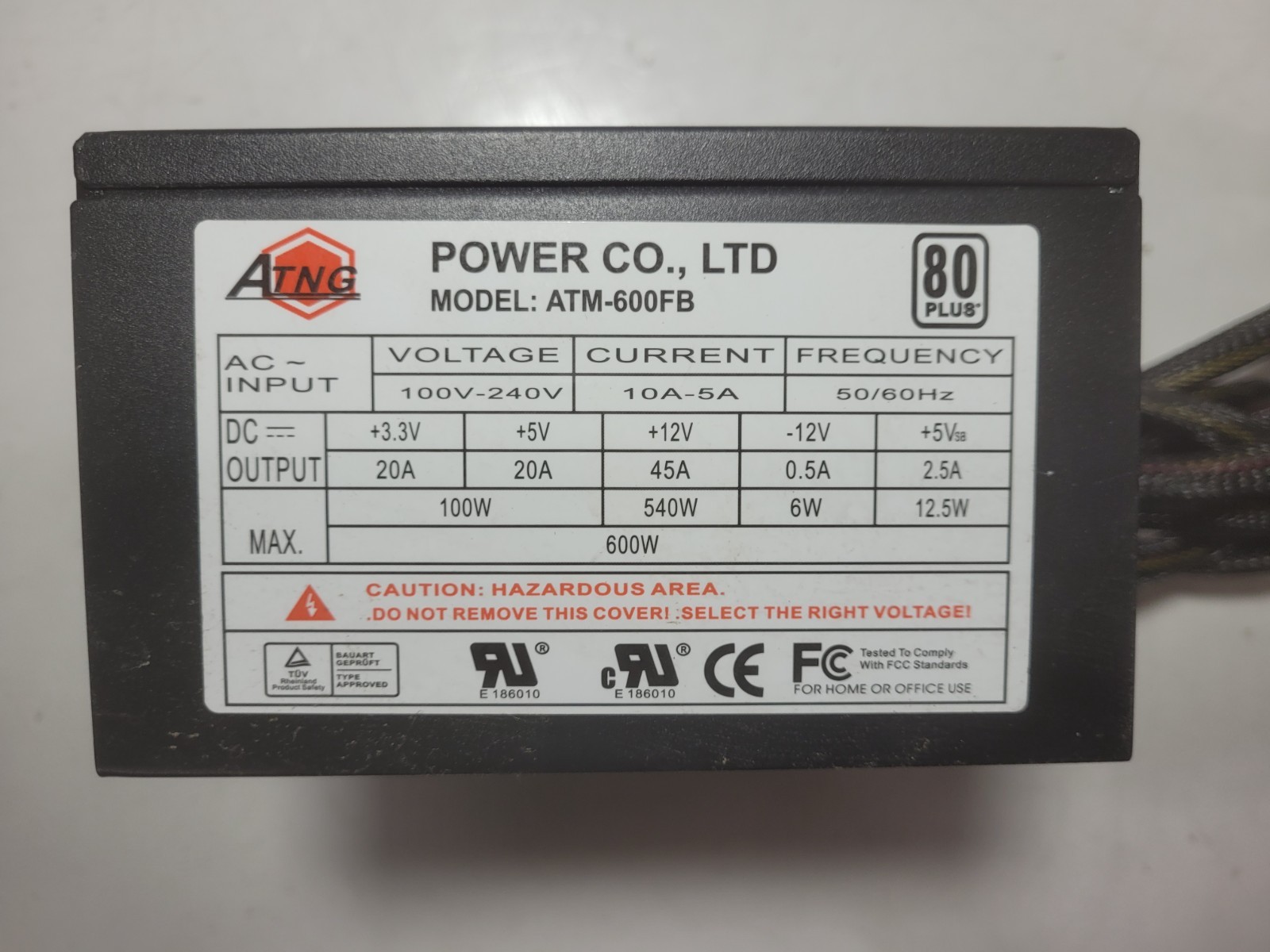 ATNG ATM-600FB 600W ATX Desktop Power Supply # 0858