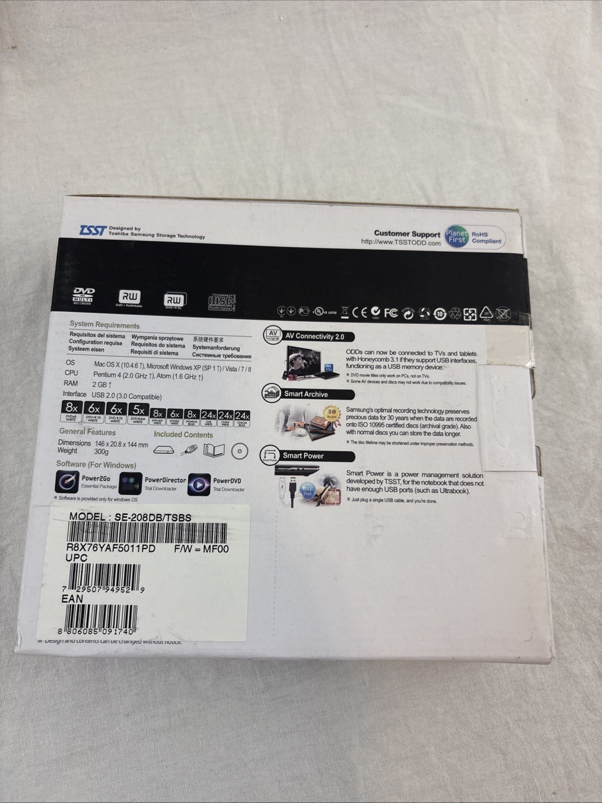 Samsung SE-208DB TSBS External Slim Portable DVD Writer SE-208 USB Cord