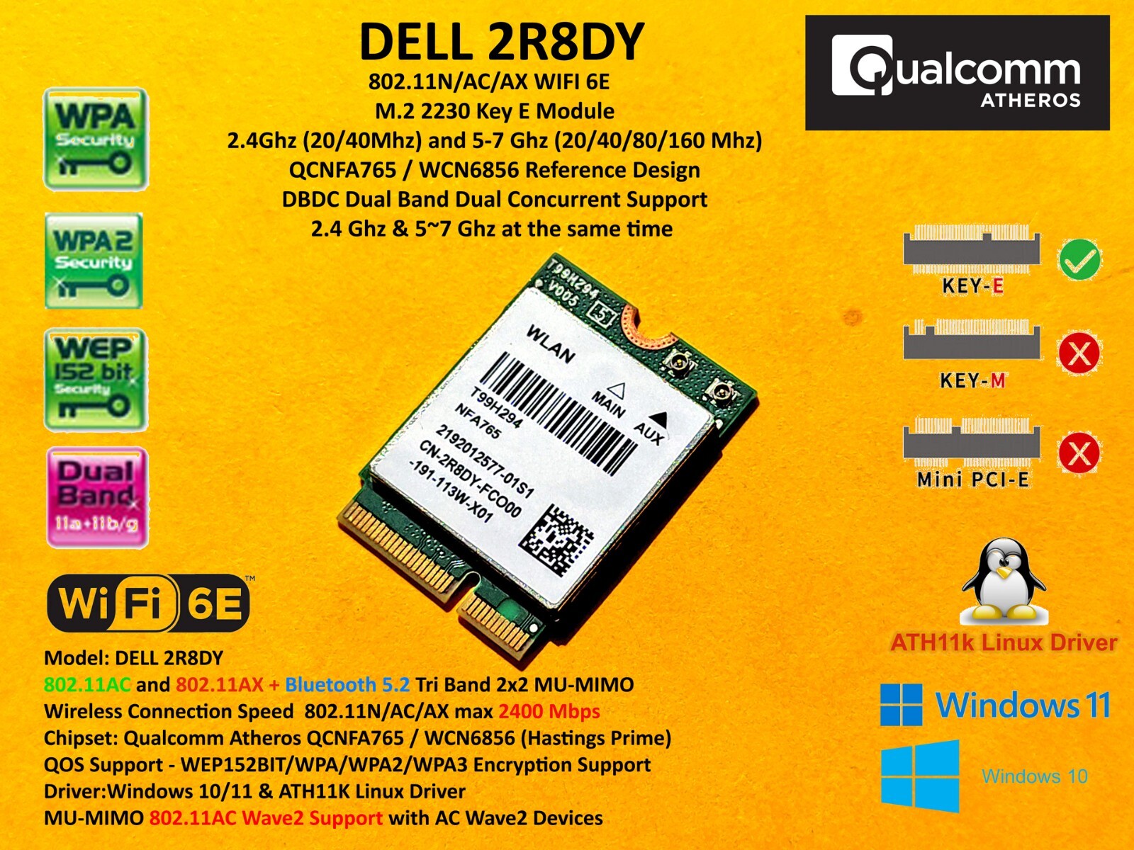 Qualcomm Atheros QCNFA765 WCN6856 802.11AX Wlan WIFI 6E AX2400 M.2 Bluetooth 5.2