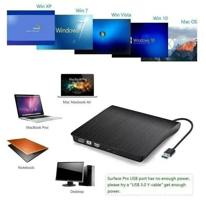 Slim External CD DVD Drive USB 3.0 Disc Player Burner Writer For Laptop PC Mac