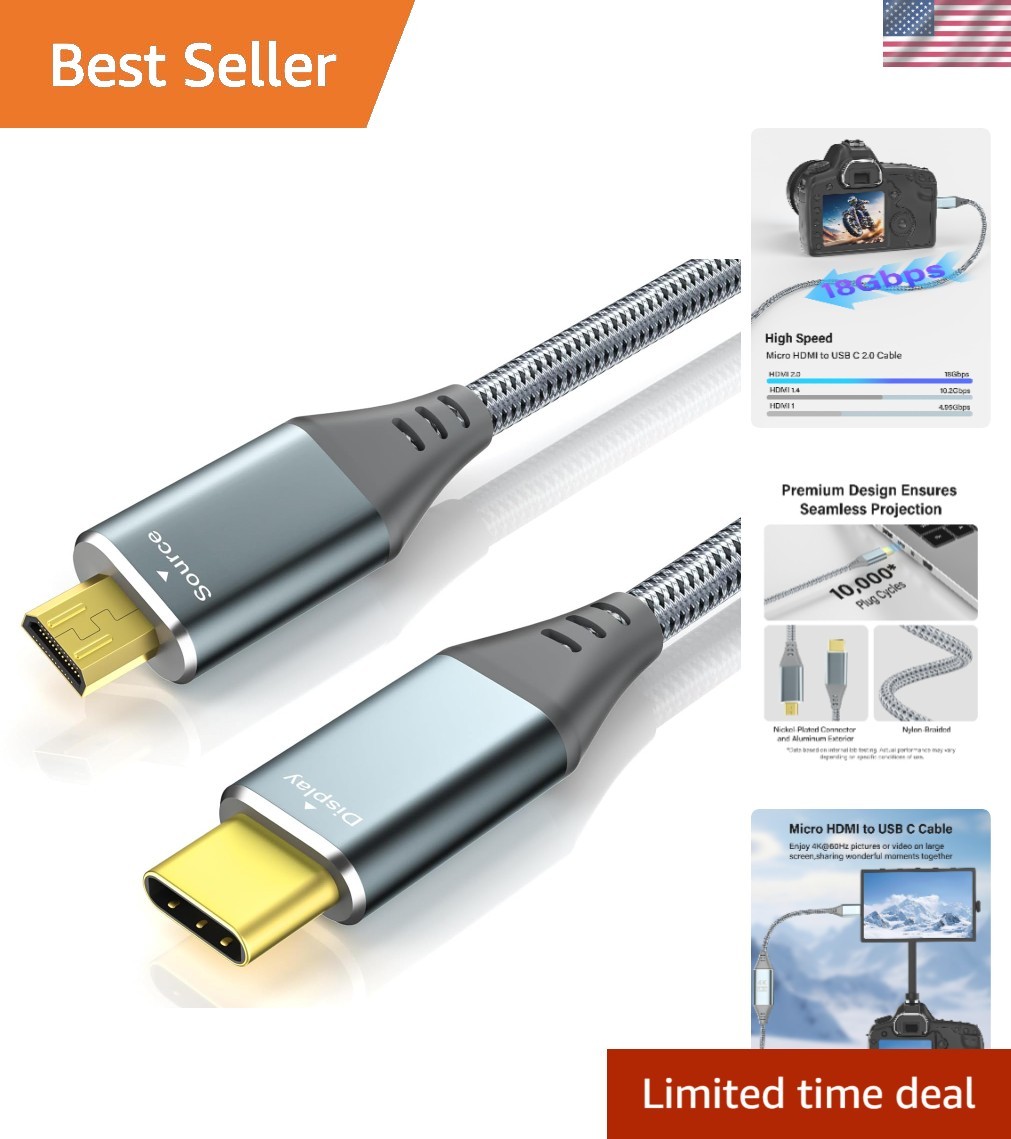 4K Micro HDMI to USB-C Cable 10FT 4K 60Hz & 18Gbps – Nylon Braided Adapter wi…