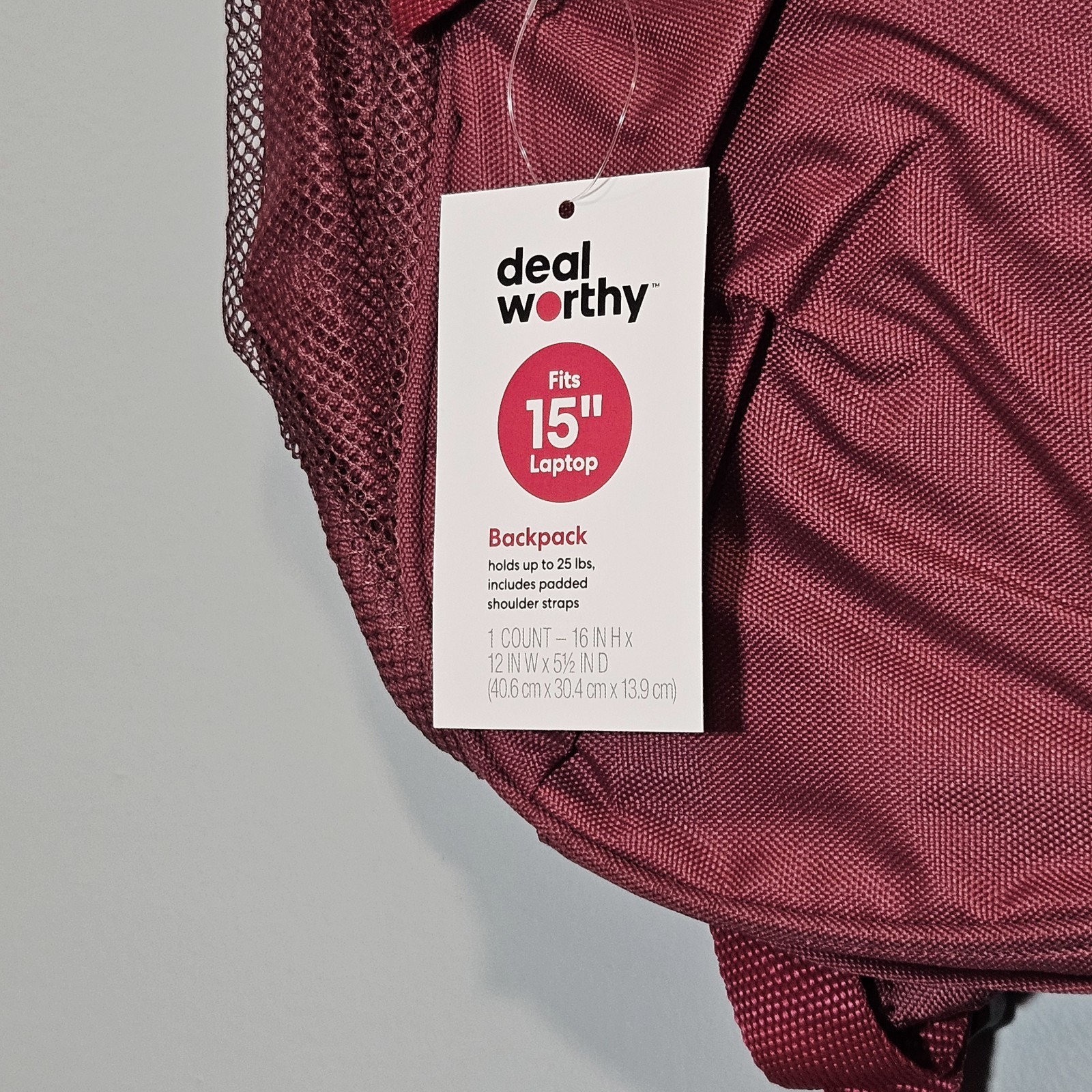 NEW Deal Worthy Backpack One Size Burgundy 15″ Laptop Sleeve Mesh & Zip Pockets