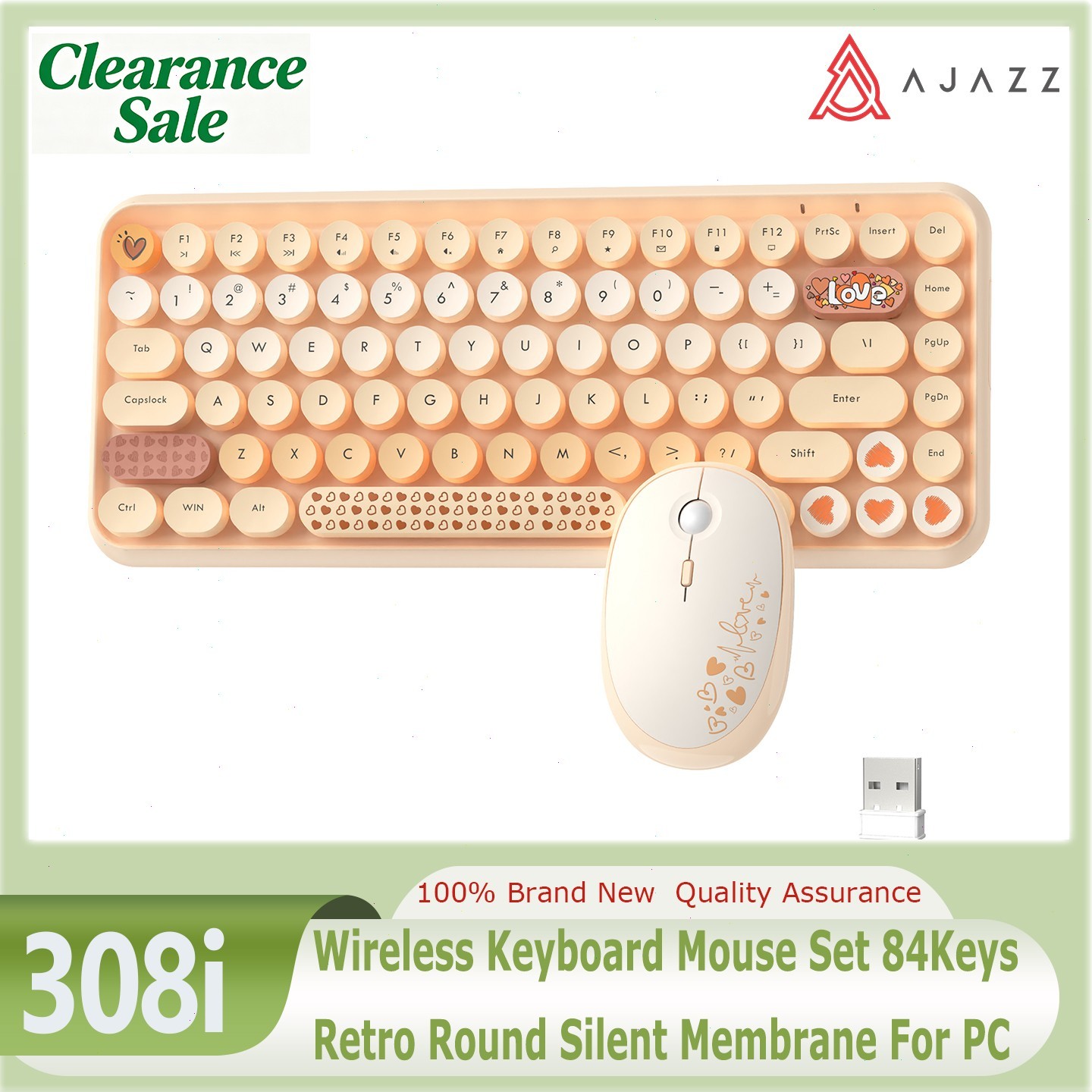 AJAZZ 308i Wireless Keyboard Mouse Set 84Keys Retro Round Silent Membrane For PC