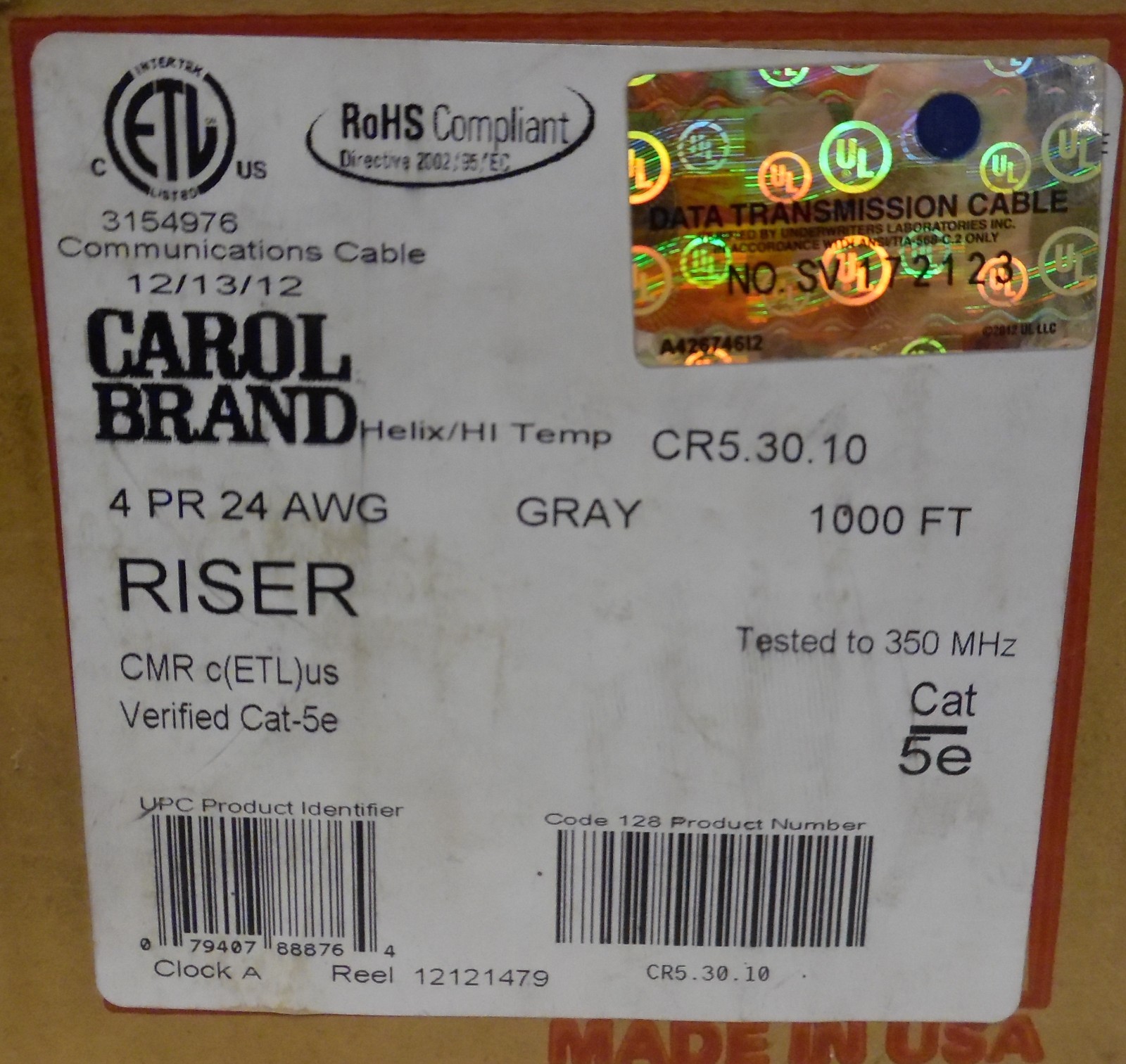 CAROL BRAND RISER CMR COMMUNICATION CABLE CAT 5E, 350 MHZ, APPROX 600 FT LENGTH