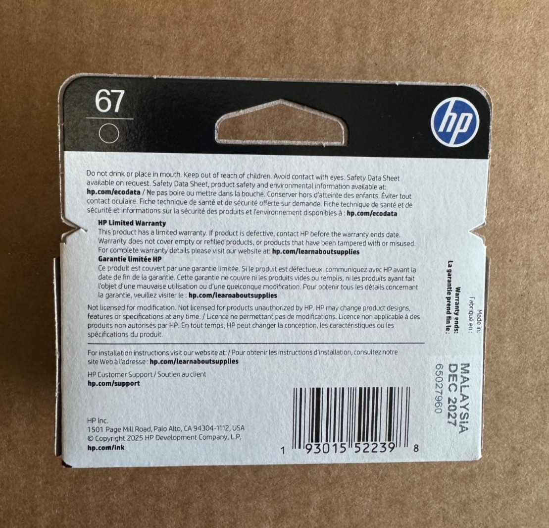 HP 67 Black Original Ink Cartridge, Expiration: 2027